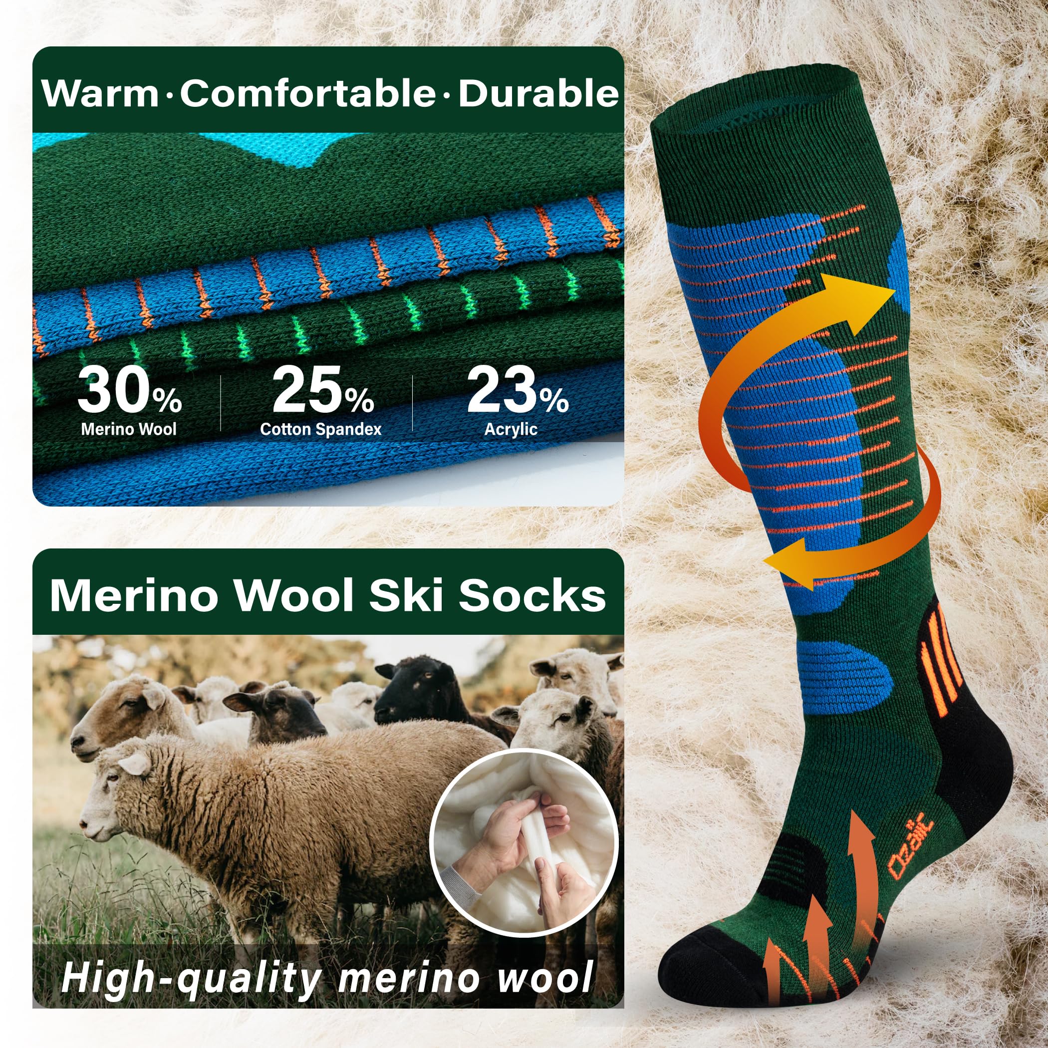 Merino Wool Ski Socks for Men & Women - 2 Pairs Warm Thermal Performance Socks for Skiing & Snowboarding