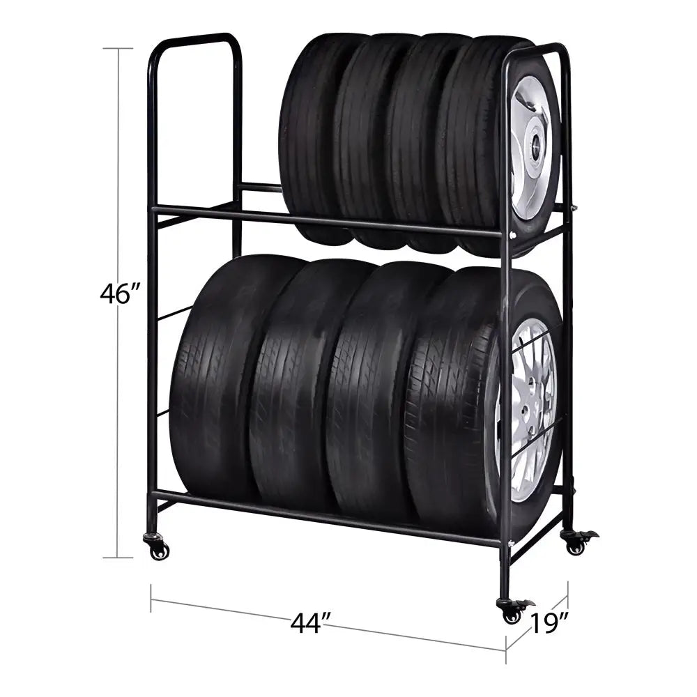 Heavy Duty 8-Tire Two Tier Storage Rack with Lockable Caster Wheels & Protective Cover - Adjustable Height for Garage, Warehouse, and Auto Shop Organization