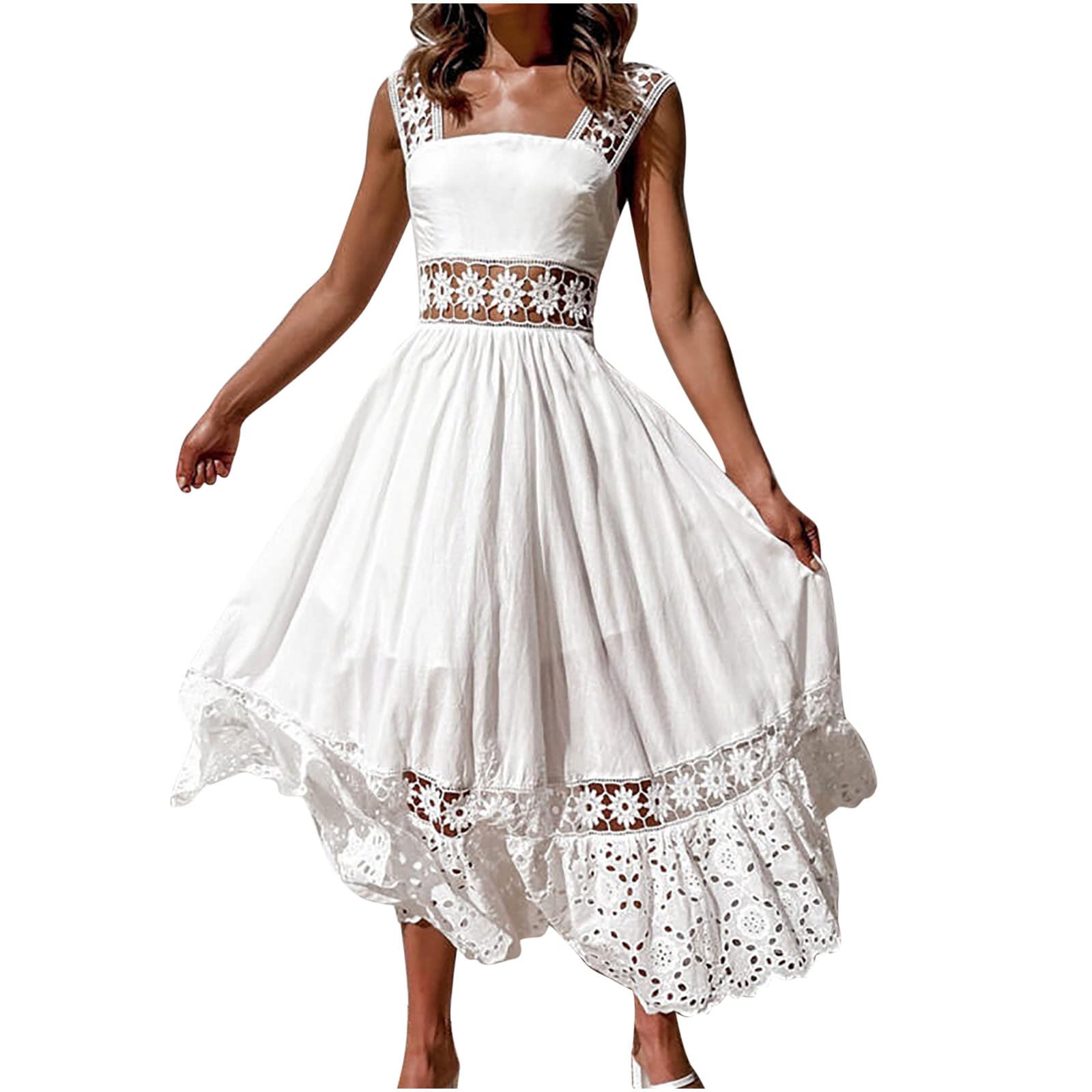 Ganfancp Women's Summer Sleeveless Square Neck Maxi Dress - Elegant Flowy Swing Casual Solid Lace Tank Dress for Wedding Guest, Beach Vacation, Date Night & Special Occasions