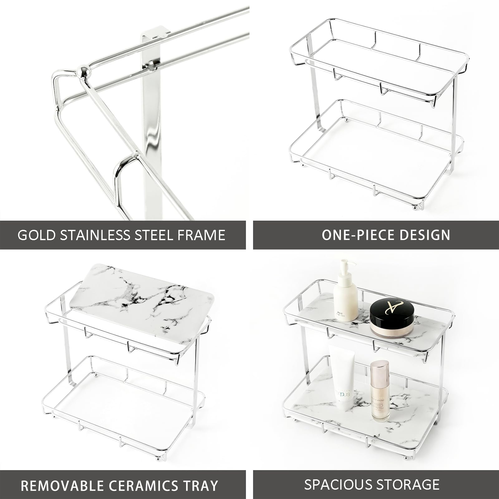 Stainless Steel Gold Makeup Organizer with White Marble Tray - Bathroom Countertop Perfume & Cosmetics Storage Display Rack - Vanity Tray for Dresser (L-Silver) | Perfect for Bedroom, Bathroom & Vanity Table Organization