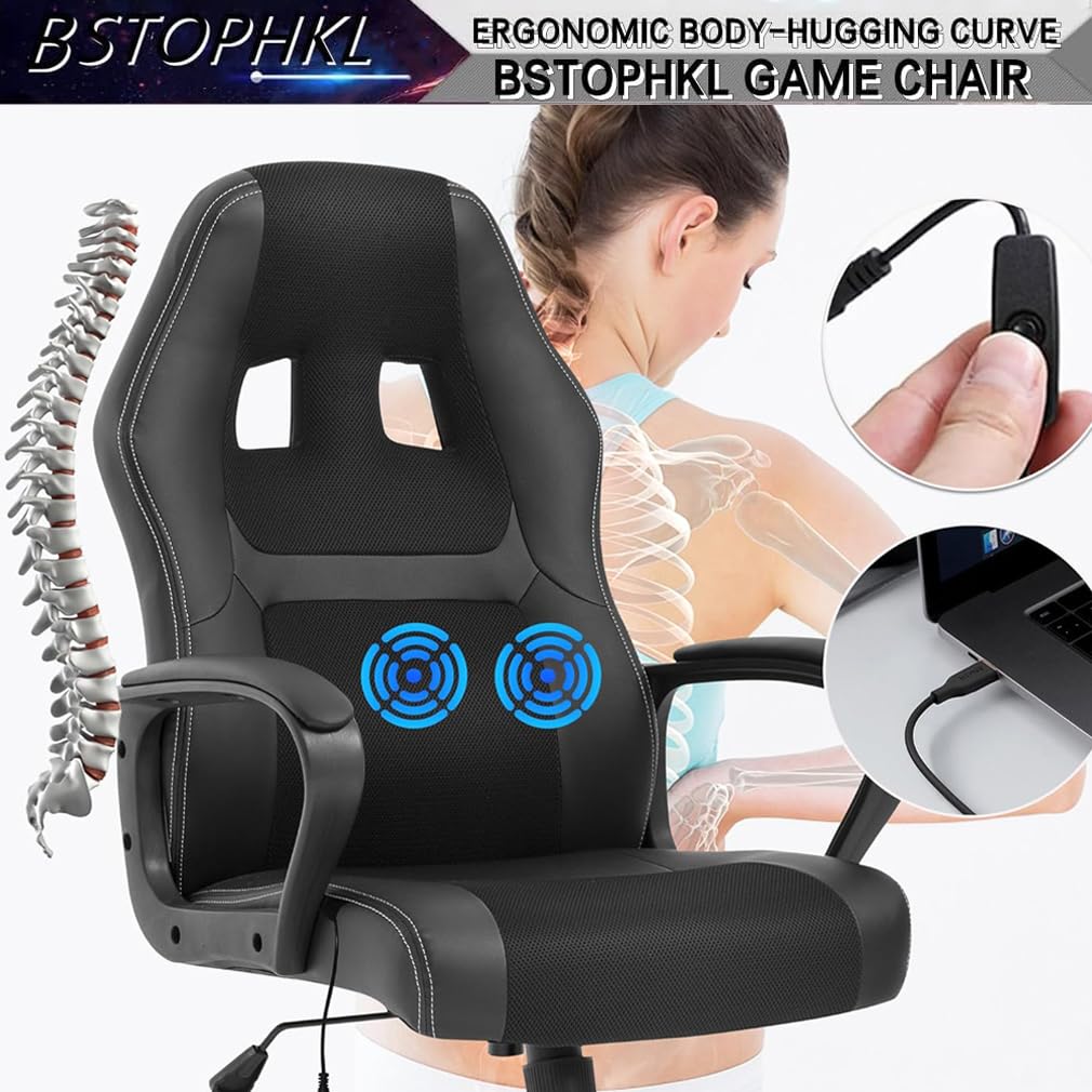 Premium Ergonomic Gaming Chair with Massage & Lumbar Support - Adjustable Reclining Office Chair for Adults & Teens - Black Computer Gaming Chair with Headrest & Armrests - Perfect for Esports, Streaming & Home Office Workspace