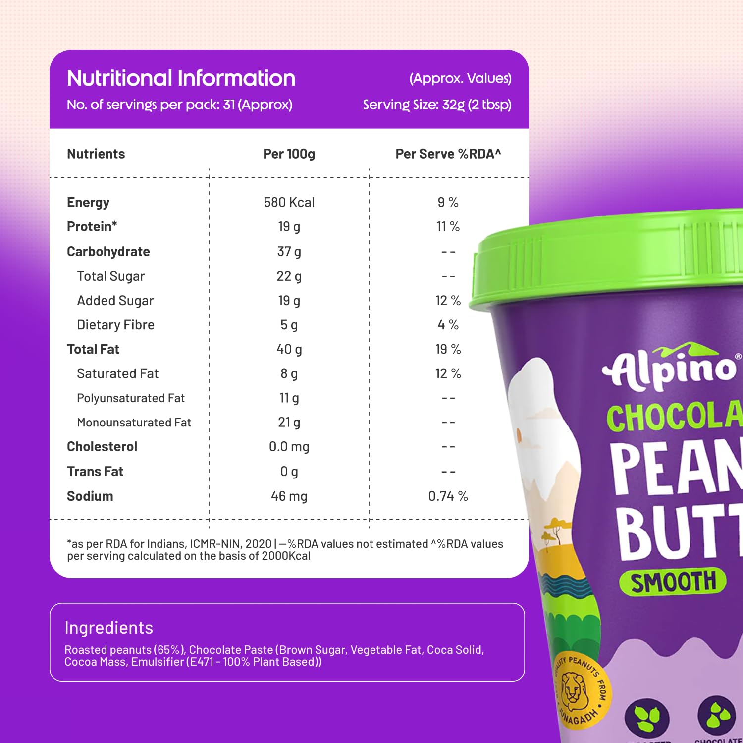 ALPINO Chocolate Peanut Butter Smooth - High Protein 19% | Vegan Plant-Based Spread with Roasted Peanuts, Chocolate Paste & Natural Sweeteners | Creamy Nut Butter for Smoothies, Toast & Baking (14.1 oz)
