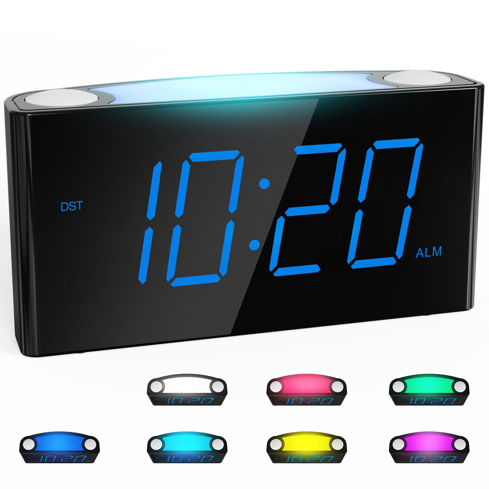 Rocam Digital Alarm Clock with Large 7.5'' LED Display - Adjustable Dimmer, Snooze Function, 7 Color Night Light, USB Charger & Battery Backup for Bedrooms | Perfect for Kids and Heavy Sleepers (Blue) | Ideal for Nightstands, Home Office, and Dorm Rooms