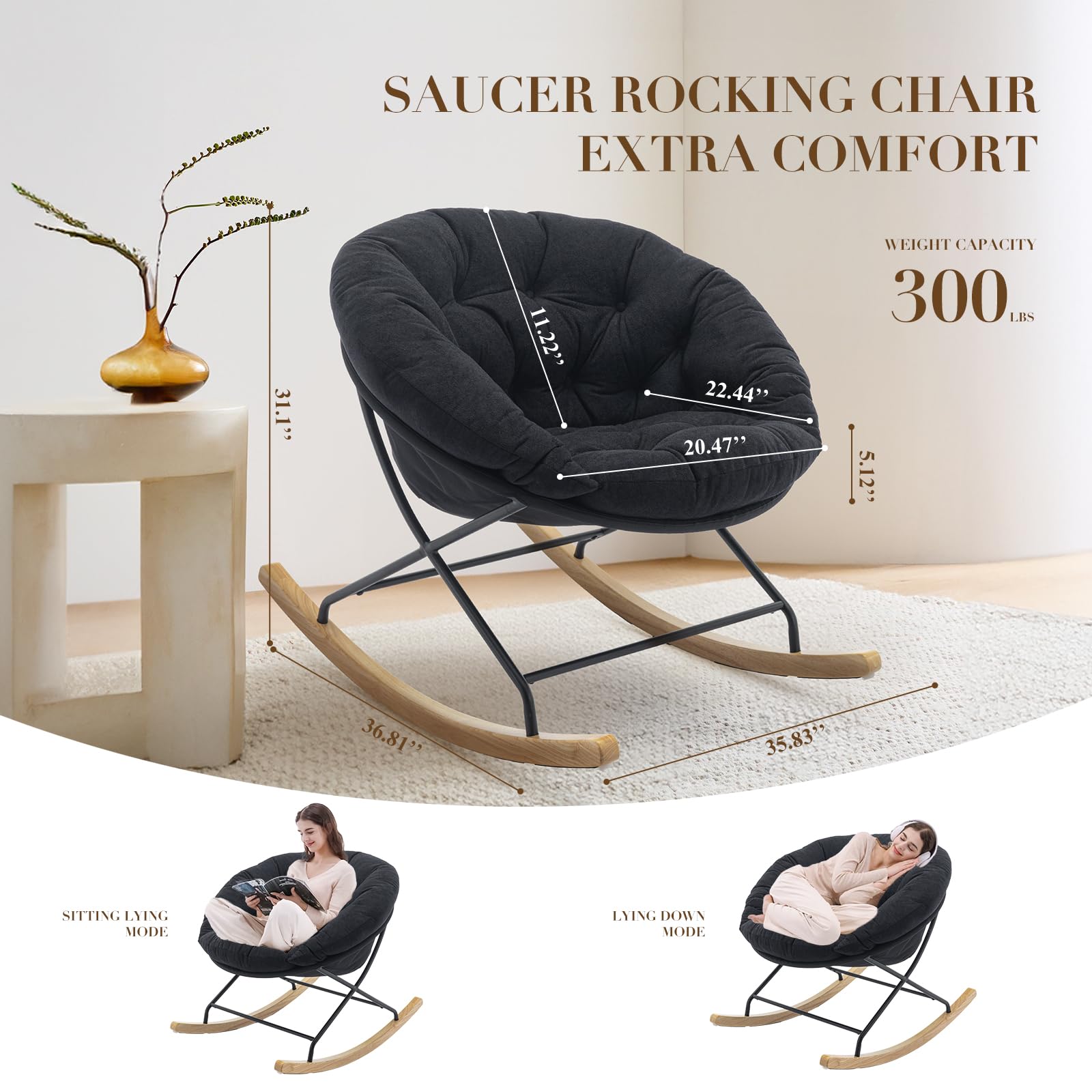 COLAMY Upholstered Rocking Chair with Comfy Cushions - Nursery Glider, Saucer Armchair with Wood Base & Metal Legs - Perfect for Living Room, Bedroom, Office (Black) | Ideal for Nursing, Reading & Relaxation