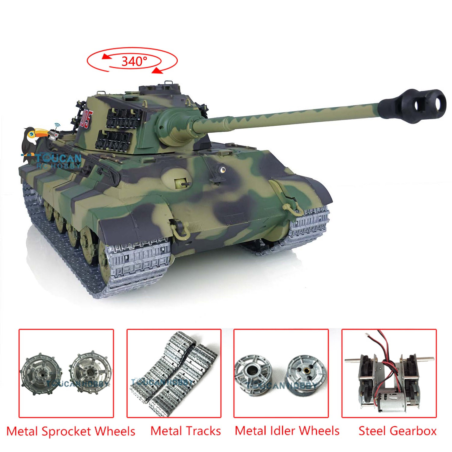 2.4Ghz Henglong 1:16 Scale German King Tiger RTR RC Tank - 3888A Model with Metal Tracks, 340° Rotating Turret & Steel Gearbox | US Stock | Battle Simulation & Collectible Display