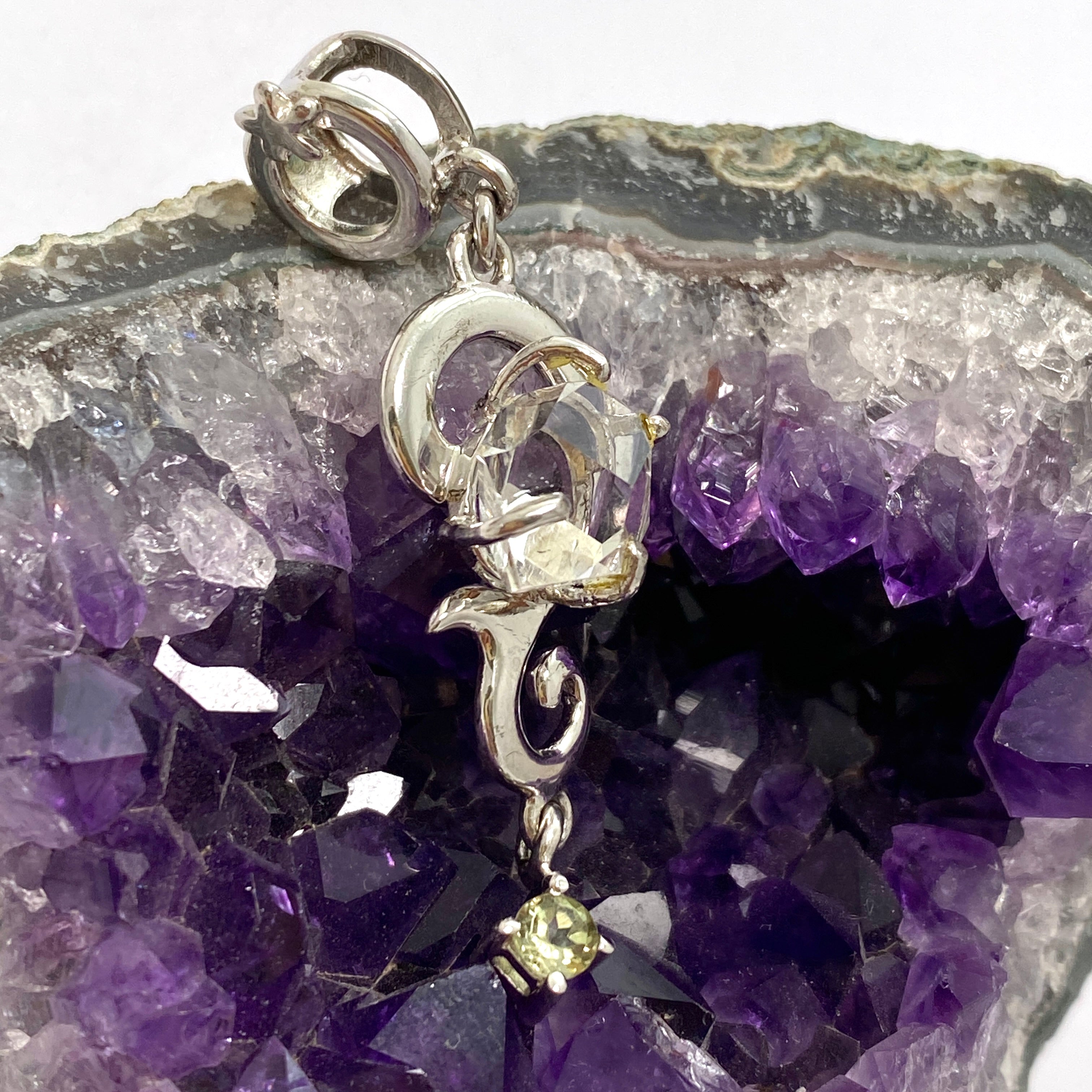 Natural Herkimer Diamond & Peridot Sterling Silver Pendant Necklace CC175ORM - Elegant Jewelry Gift for Women, Perfect for Weddings & Special Occasions