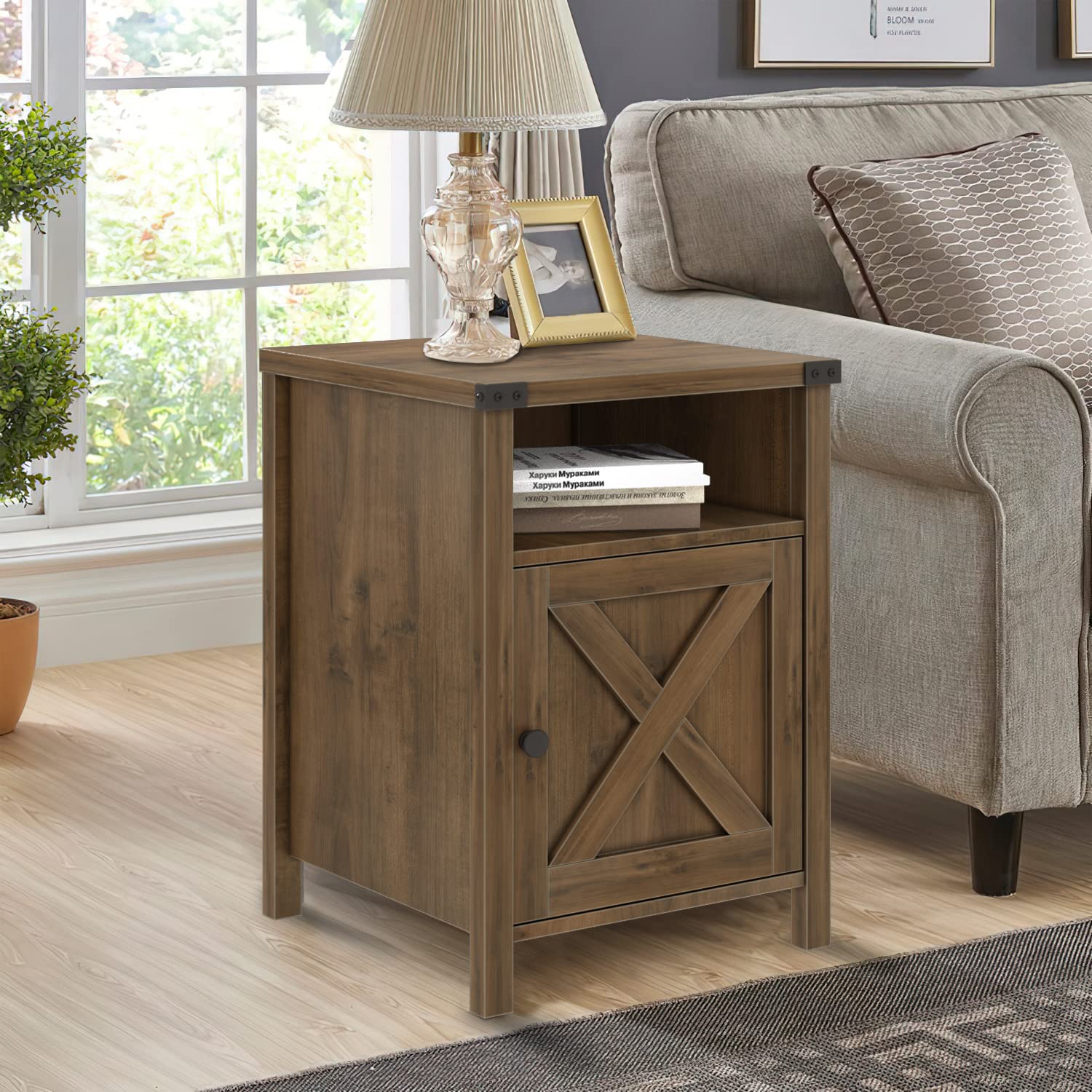 Rustic Oak End Table Set of 2 - Farmhouse Nightstand with Barn Door & Shelf, Side Table for Bedroom & Living Room | Perfect for Cozy Home Decor, Farmhouse Style Bedside Tables, and Rustic Living Room Accent Furniture