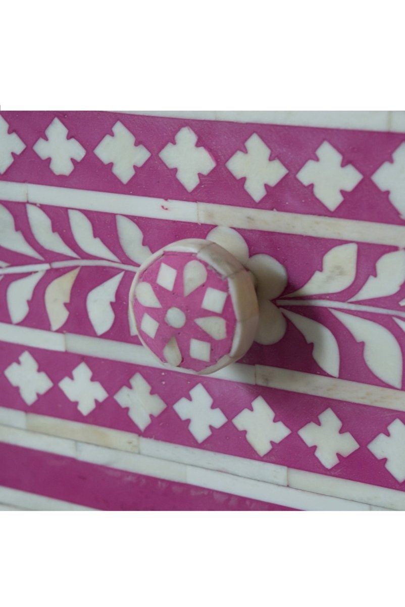 Handmade Bone Inlay Nightstand with Floral Pattern - Pink 3-Drawer Bedside Table for Bedroom Decor & Storage | Perfect for Master Bedroom, Guest Room, or Nursery