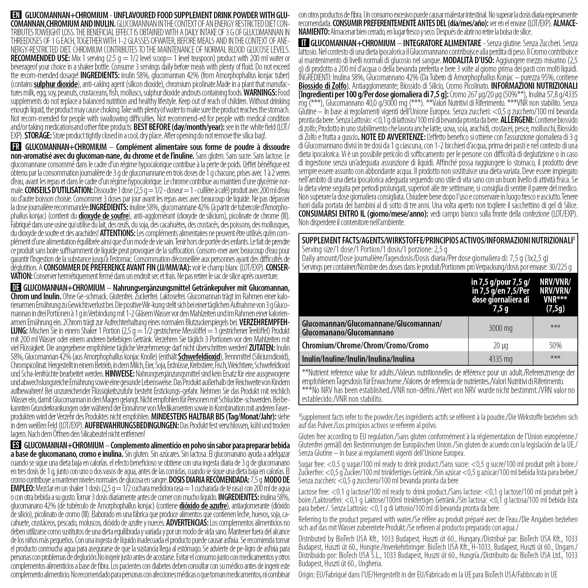 BioTechUSA Glucomannan + Chromium Supplement - 225g Powder for Weight Management & Blood Sugar Support | Ideal for Keto Diet & Healthy Lifestyle