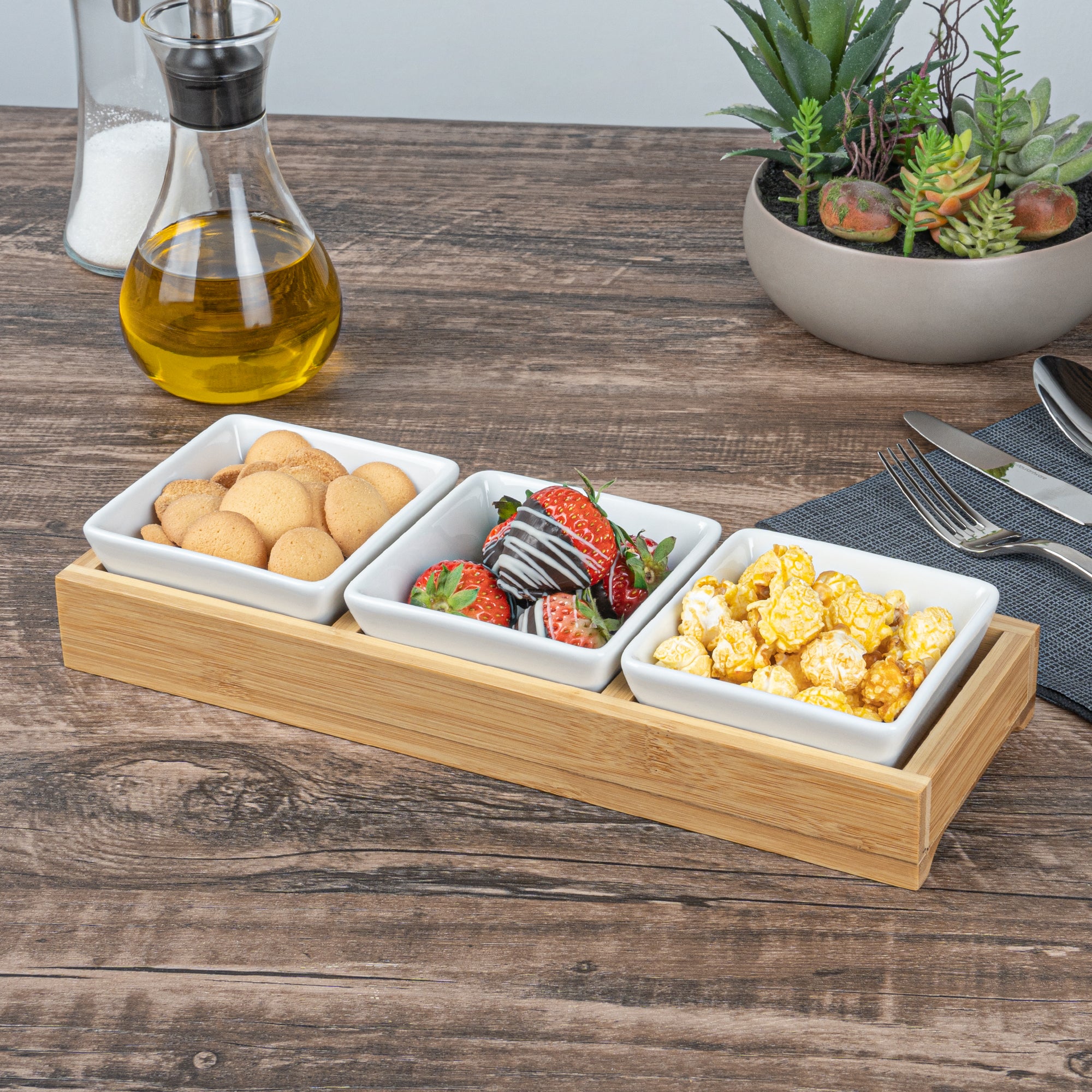 Premium 6 oz White Porcelain Modern Bowl Set with Bamboo Tray - 3 Rectangle Bowls (11.75