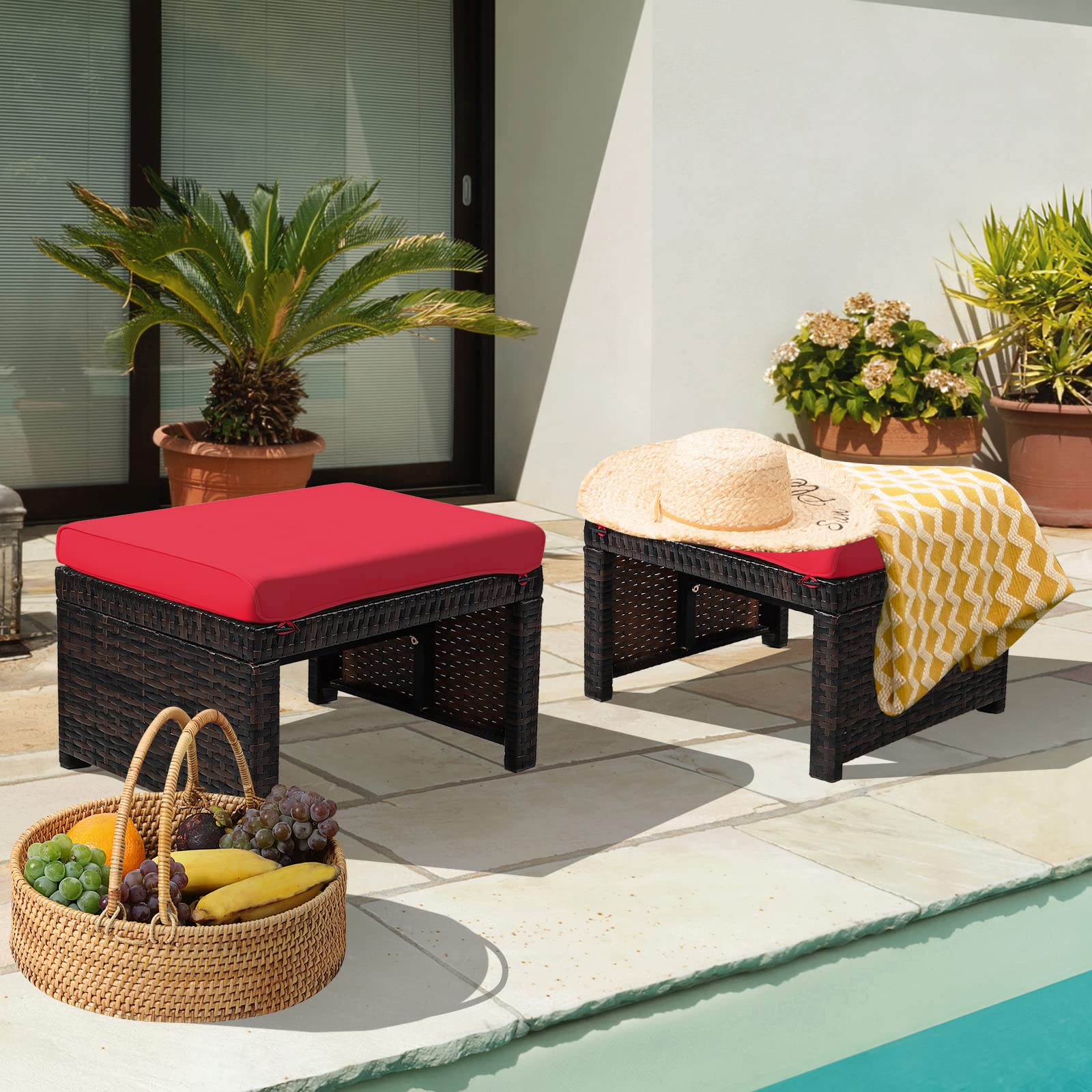 HAPPYGRILL 2-Piece Outdoor Wicker Ottomans with Cushions - Patio Rattan Footstool, Solid Steel Frame - Multifunctional Ottoman Set for Poolside, Backyard, Balcony & Garden Relaxation