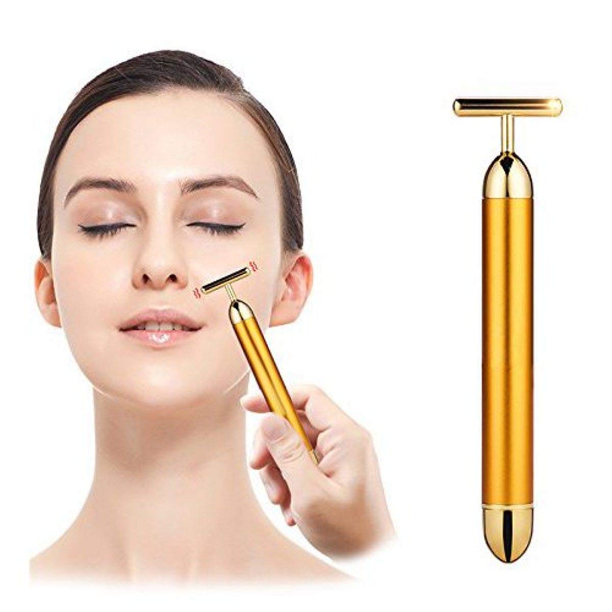 24k Gold Electric Vibration Facial Massager - V Shape Roller for Anti-Wrinkle & Skin Tightening | Waterproof Face Massage Tool for Forehead, Cheek, Neck, Clavicle & Arm Care | Perfect for Home Spa, Travel & Daily Skincare Routine