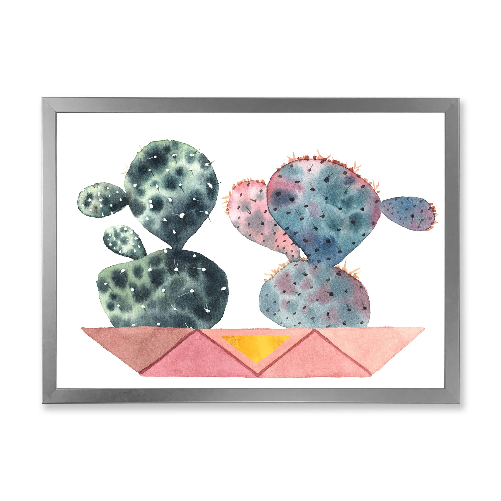 DesignQ Cactus Duo in Pink Geometric Pots - Modern Framed Wall Art for Home & Office Decor - Perfect for Living Room, Bedroom, or Workspace Aesthetic