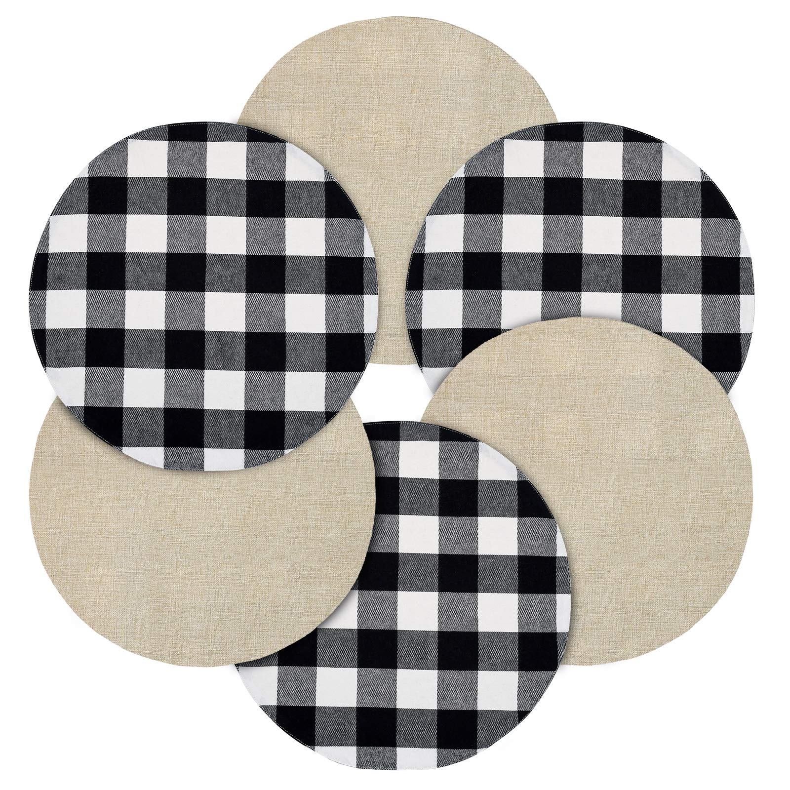 Senneny 6-Piece Round Placemats Set - Reversible Cotton Burlap Buffalo Plaid Placemats for Dining Table - Black & White Farmhouse Decor - Perfect for Round Tables, Kitchen, and Holiday Dinner Settings