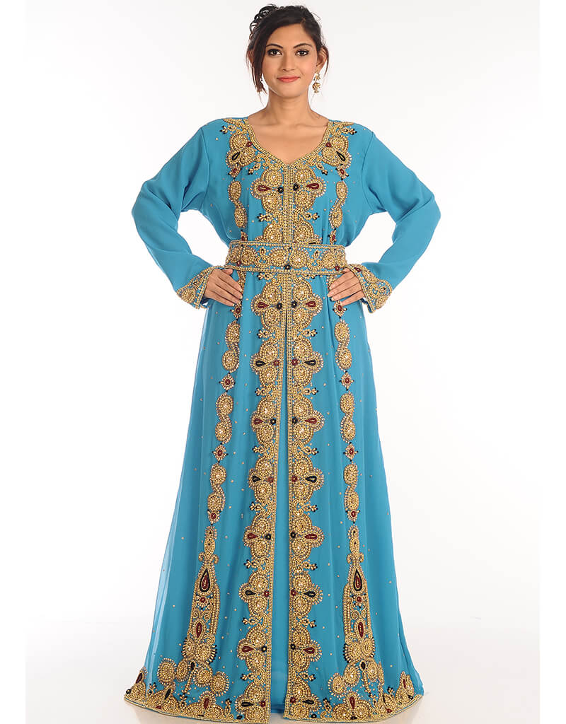 Exquisite Arabic Firozi Georgette Kaftan with Handcrafted Zari Embroidery - Elegant Islamic Dress for Women, Perfect for Eid, Weddings & Special Occasions