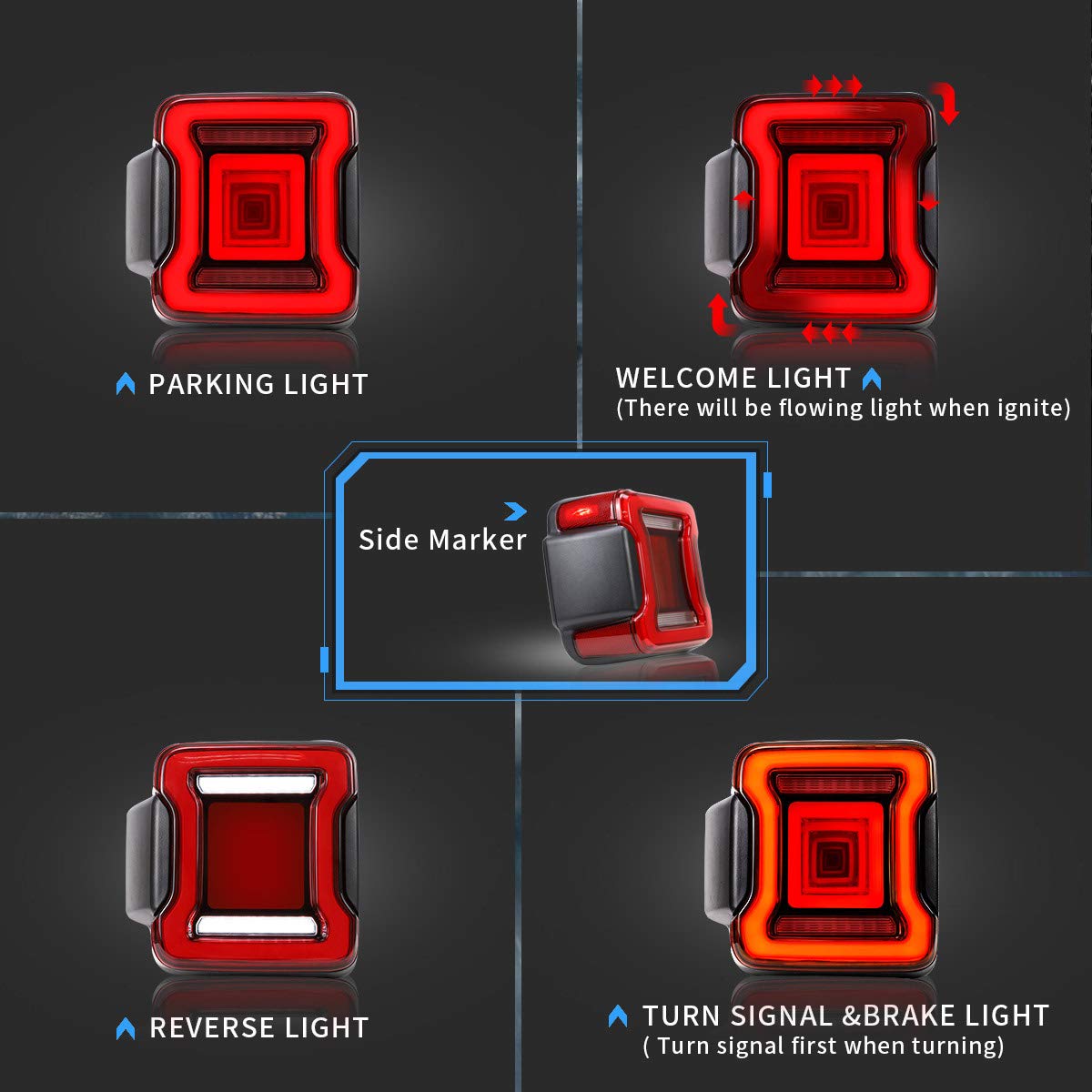 VLAND LED Tail Lights for Jeep Wrangler JL & JLU (2018-2020) - Compatible with Sport, Sahara, Rubicon & Moab Models - Dynamic Animation Red Rear Lamp Assembly with Tunnel Light - Perfect for Off-Roading & Night Driving