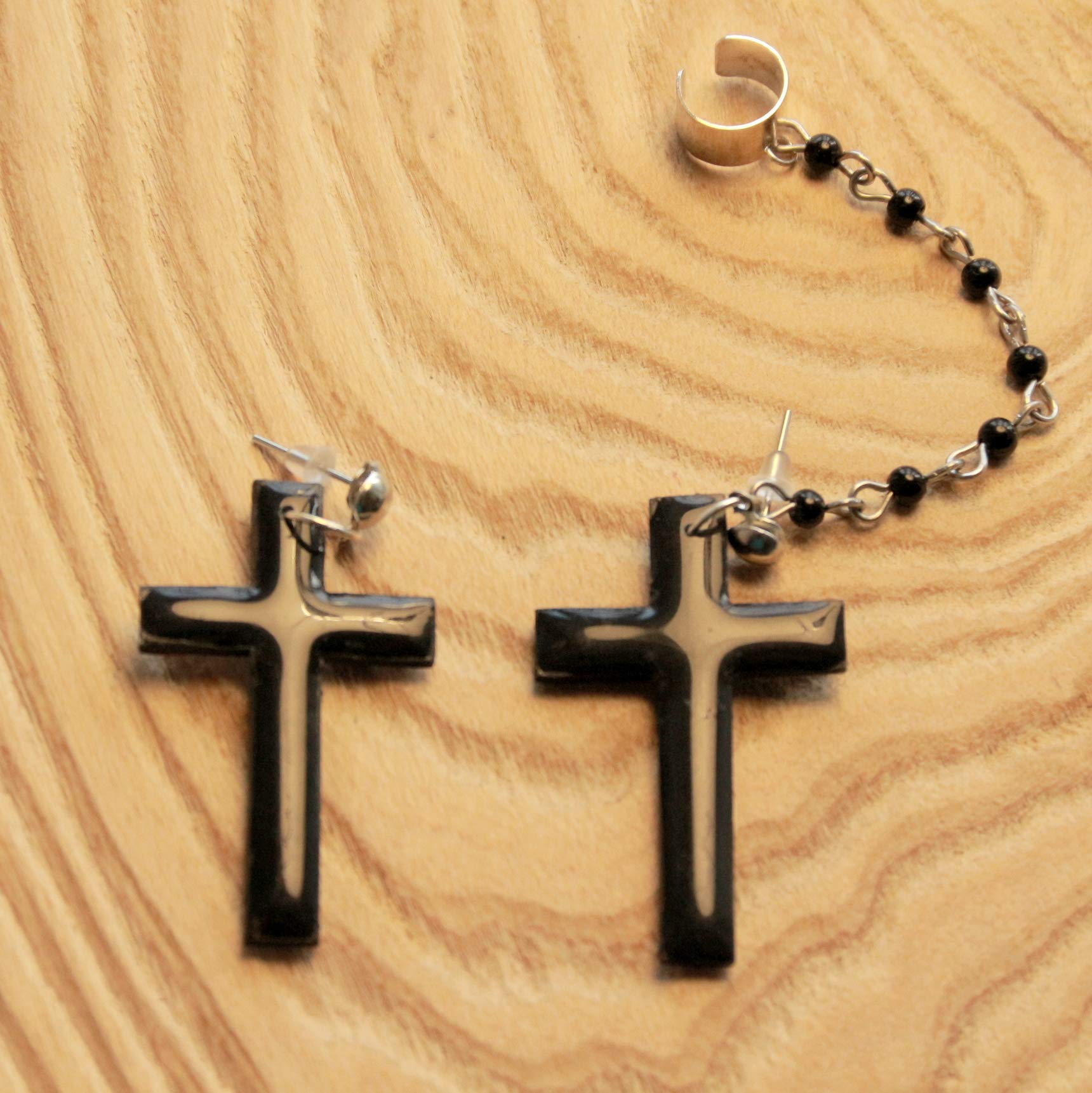 Handmade Gothic Cross Ear Cuff - Black Polymer Clay Stud Earrings with Beaded Chain - Epoxy Resin Jewelry for Women - Perfect for Halloween, Gothic Fashion & Alternative Style