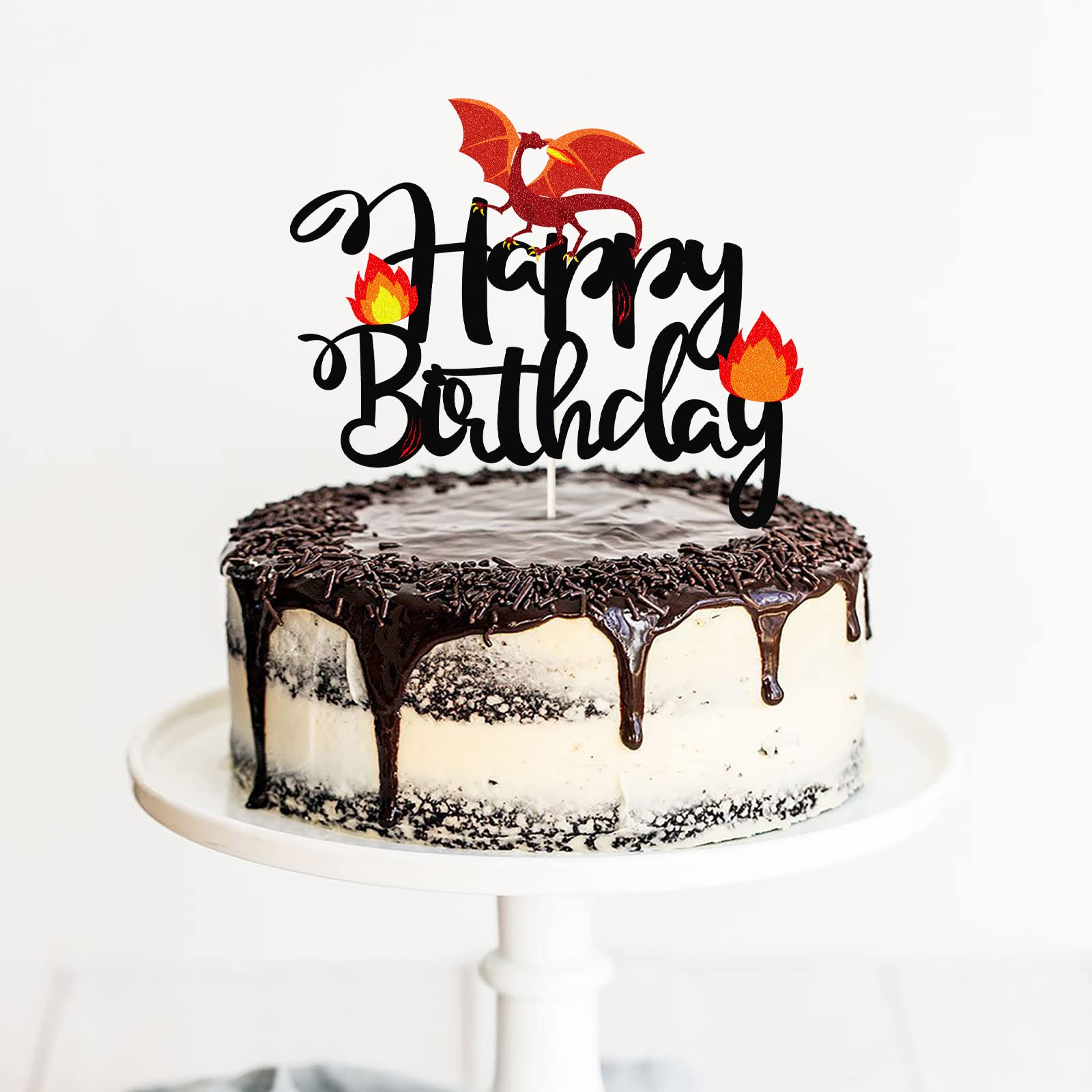 Black Glitter Dragon Happy Birthday Cake Topper - Dragon Knight Theme Party Decor for Kids (Boys & Girls) - Birthday Cake Decoration Supplies for Fantasy Themed Parties & Medieval Celebrations