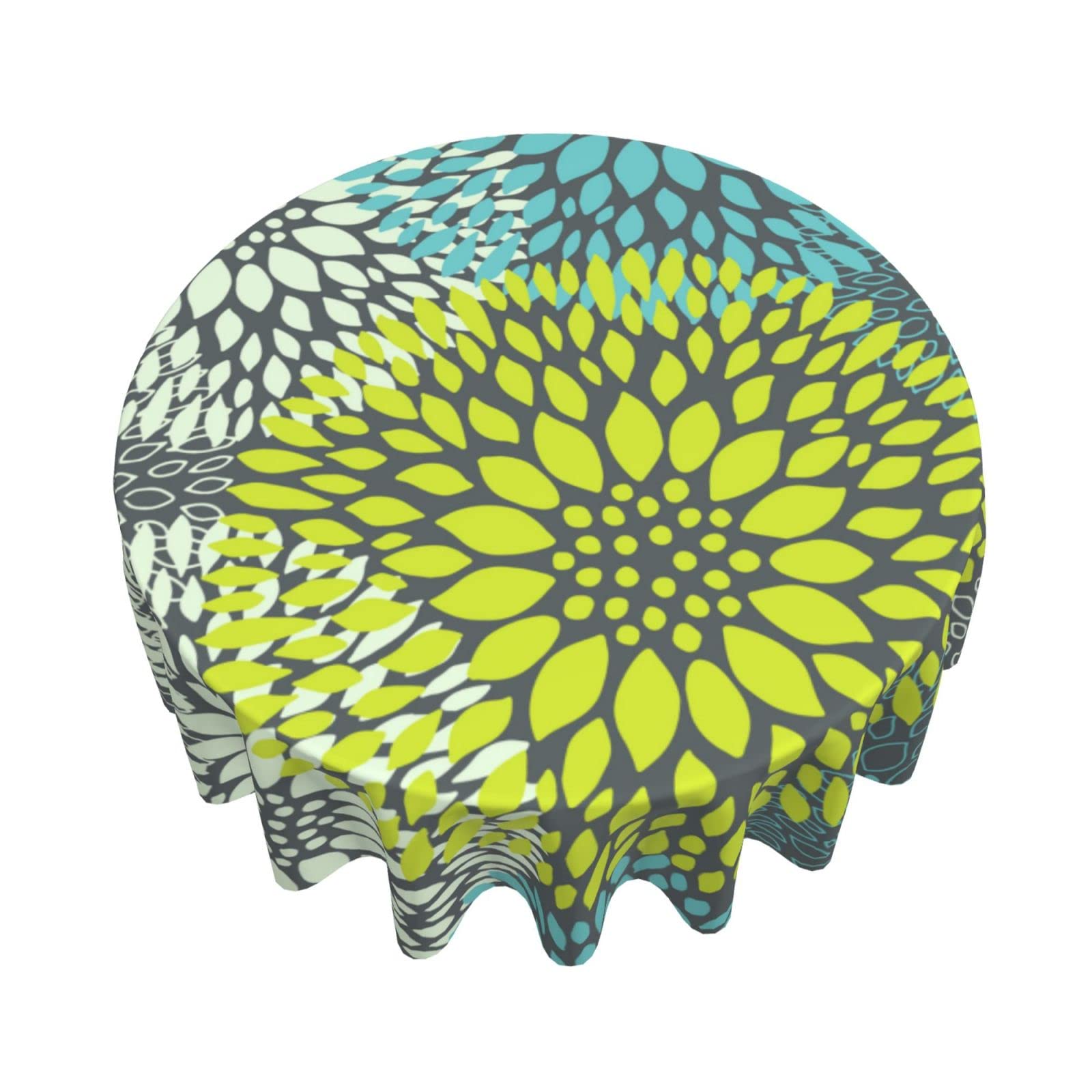 Wozukia 60 Inch Round Tablecloth - Blue Green & Grey Chrysanthemum Floral Pattern, Waterproof Washable Table Cover for Indoor Outdoor Use | Perfect for Picnic, Party, Dining Room, Wedding, and Home Decor