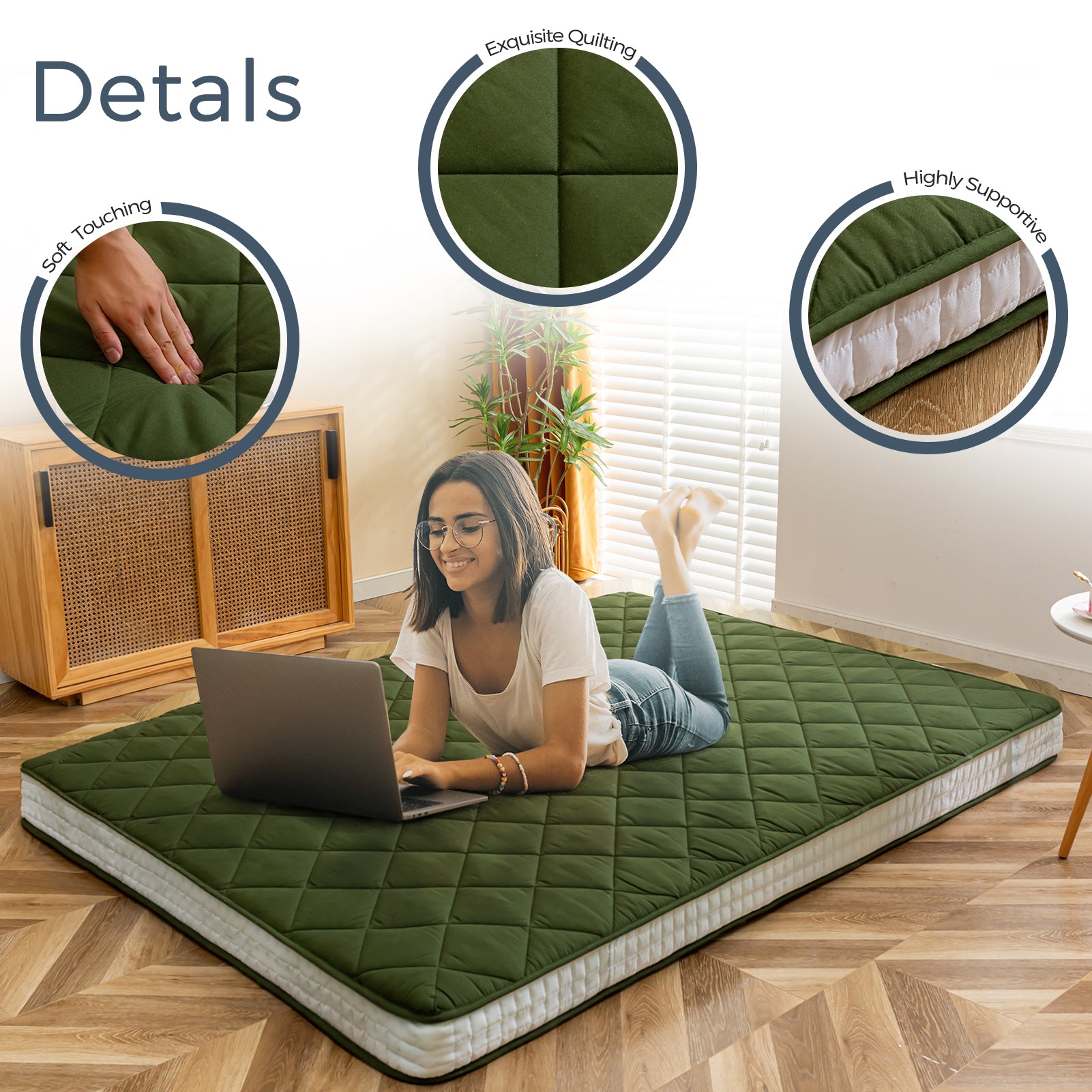 MAXYOYO 6-Inch Extra Thick Floor Futon Mattress with Diamond Quilting - Green - Comfortable Guest Bed, Floor Cushion for Living Room, Dorm, or Camping
