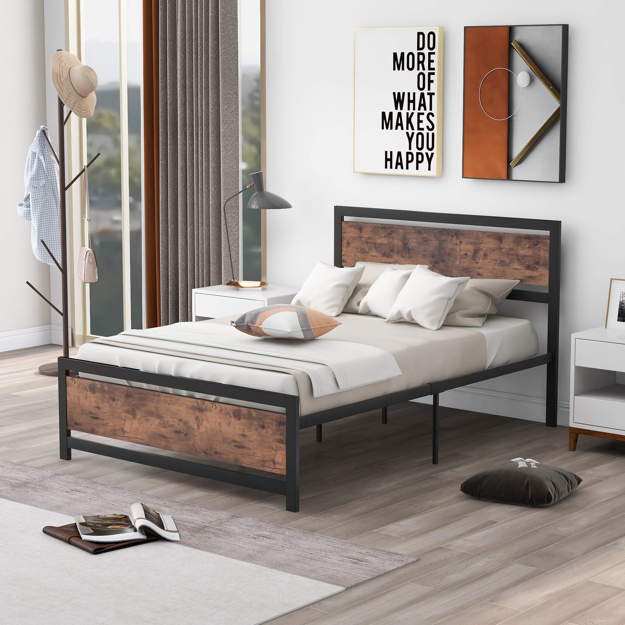 Full Size Platform Bed Frame with Wood Headboard & Footboard - Sturdy Metal Frame, No Box Spring Needed - Black - Perfect for Modern Bedrooms & Guest Rooms