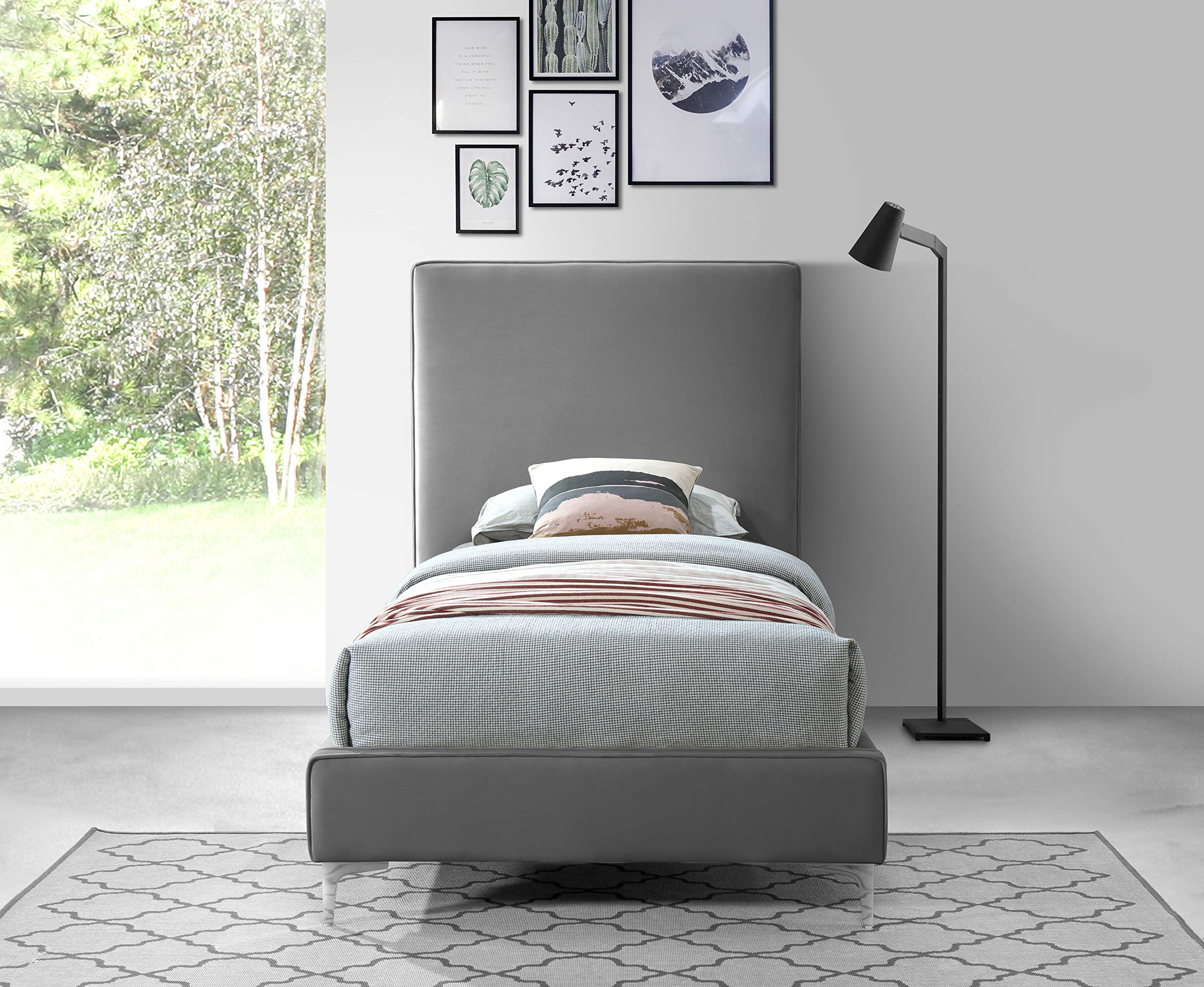 Modern Velvet Upholstered Twin Bed with Gold/Chrome Finish - Geri Collection by Meridian Furniture | Luxury Bedroom Decor for Contemporary Homes & Guest Rooms