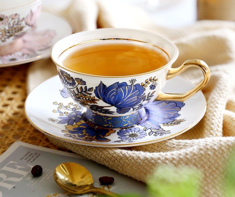 Elegant Ceramic Coffee Cups & British Tea Set with Iris Flower Design - Royal Bone China Porcelain Tea Cup and Saucer Set in Gift Box - Perfect for Afternoon Tea, Gifts, and Home Decor