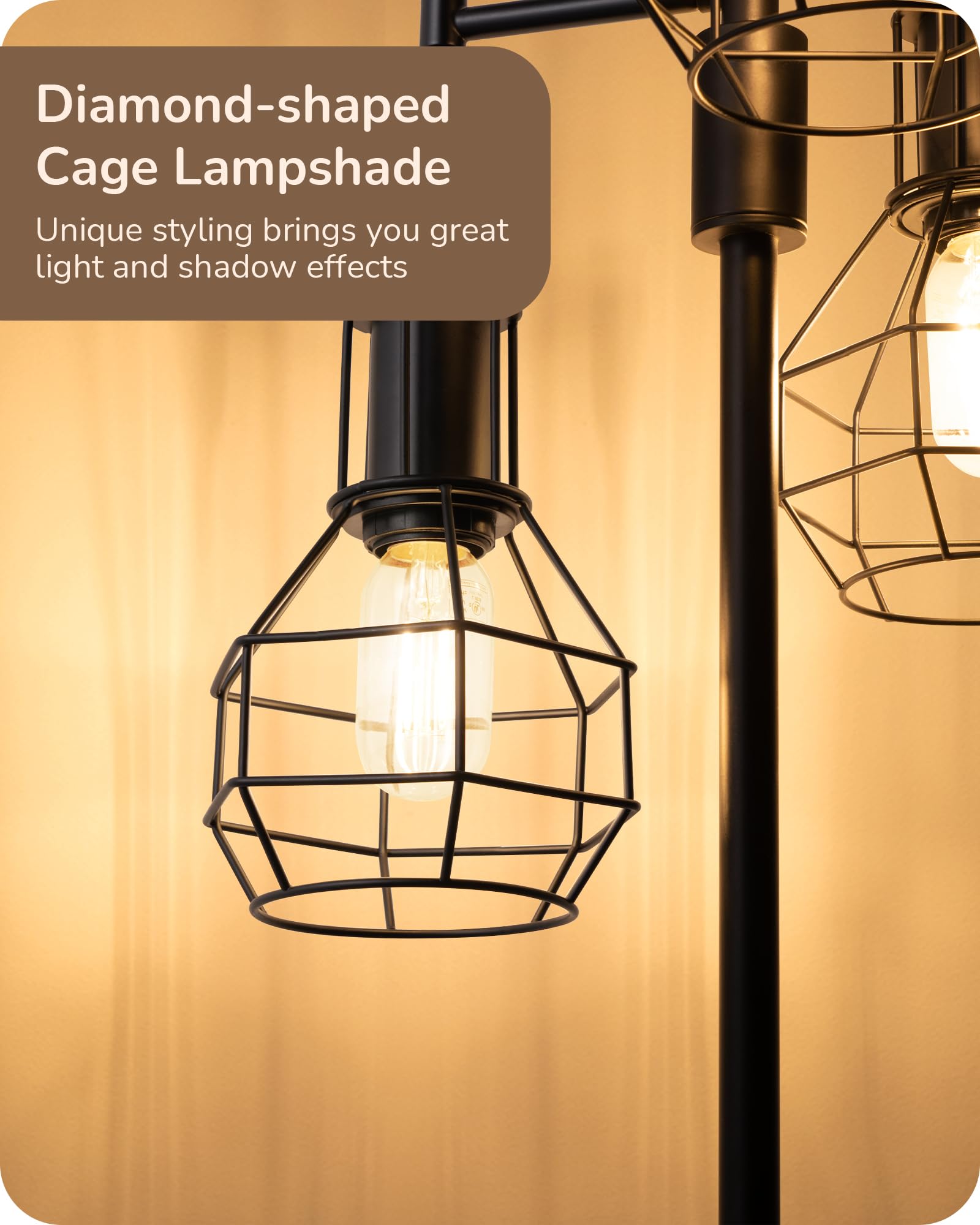 Dimmable Farmhouse Floor Lamp with 3 LED Edison Bulbs - Industrial Standing Lamp for Living Room, Bedroom & Office - Rustic Tall Tree Reading Lamp in Black - Perfect for Cozy Corners & Home Decor