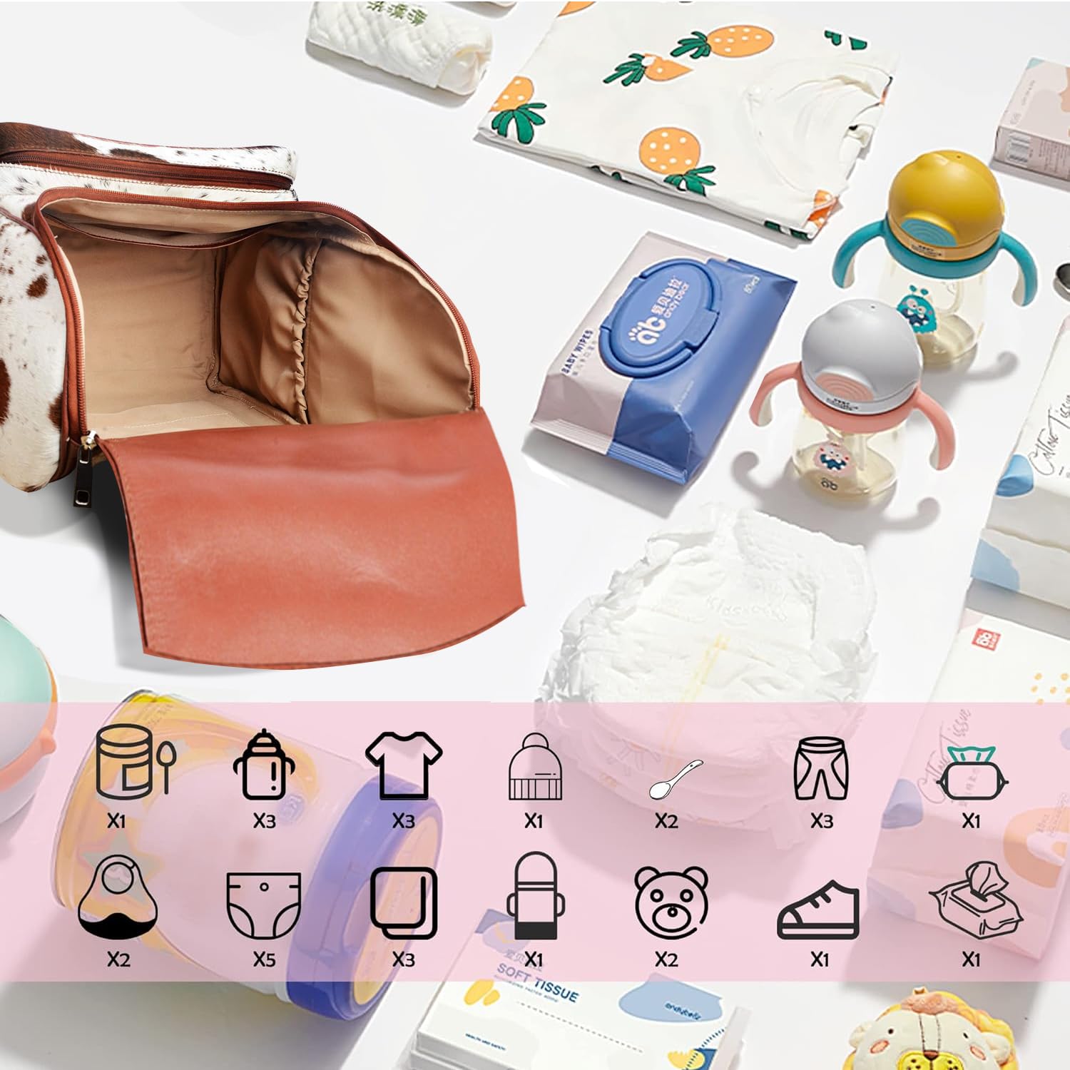 Premium Leather Diaper Backpack for Women & Men - Stylish Cow Print Maternity Travel Bag with Multiple Pockets | Perfect for Baby Essentials, Day Trips & Airplane Travel