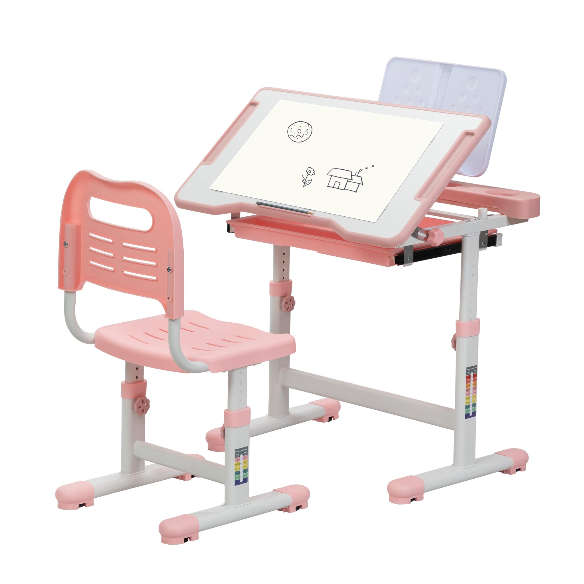 Adjustable Height Kids Desk and Chair Set with Storage - Multifunctional Study Desk for Boys & Girls, Tilt Desktop for Reading, Writing & Drawing - Perfect for Homeschooling & Online Learning (Pink)