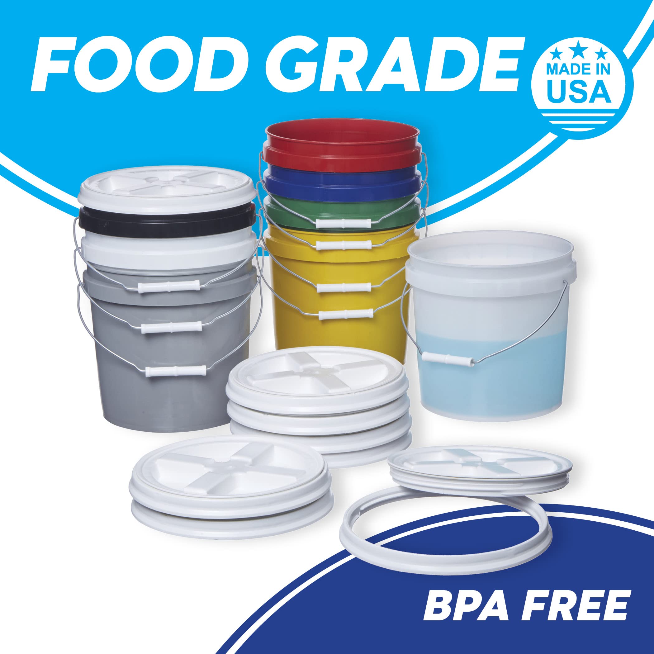 **2 Gallon Food Grade Buckets (8-Pack Mixed Colors) with Screw-On Gamma Seal Lids – BPA Free, Durable HDPE Pails – Made in USA – Ideal for Food Storage, Home Organization & DIY Projects**