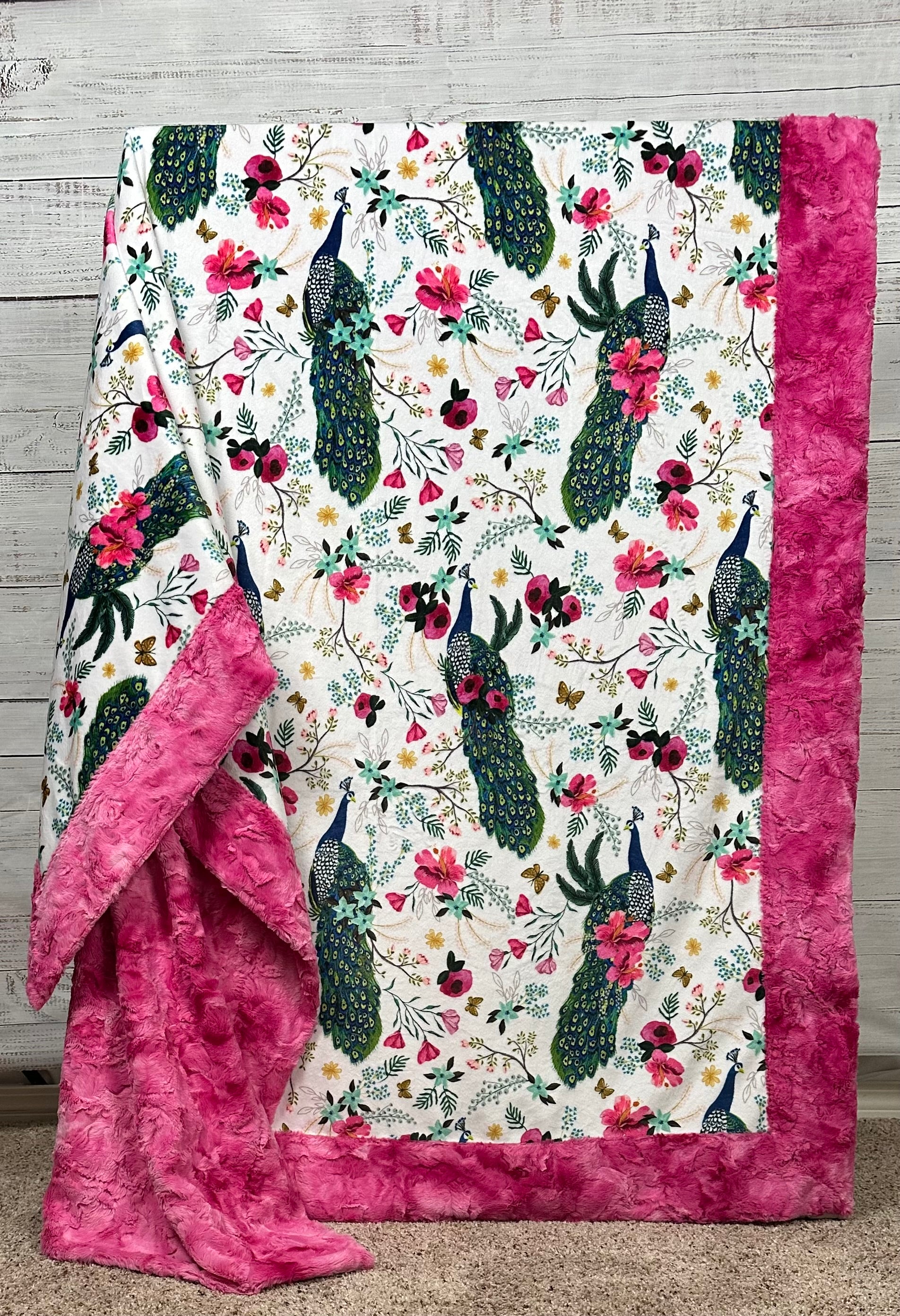 Plush Peacock Floral Fuchsia Marble Print Minky Blanket for Adults - 55x79 Inches - Soft Cozy Throw for Bed, Sofa & Home Decor