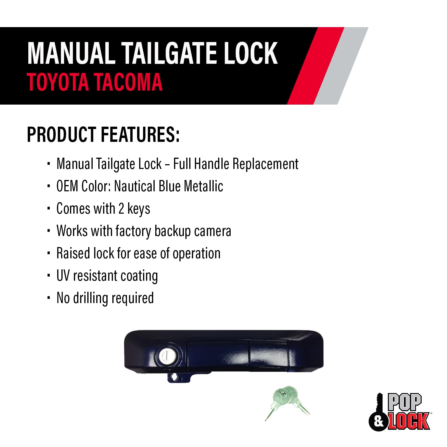 Pop & Lock PL5501 Manual Tailgate Lock for 2005-2015 Toyota Tacoma Trucks | Standard Security Lock in Barcelona Red | Perfect for Off-Roading, Camping & Truck Security