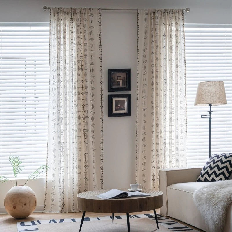 Boho Botanical Geometric Semi-Sheer Custom Curtains for Living Room & Bedroom - Light Filtering Window Drapes with Nature-Inspired Design