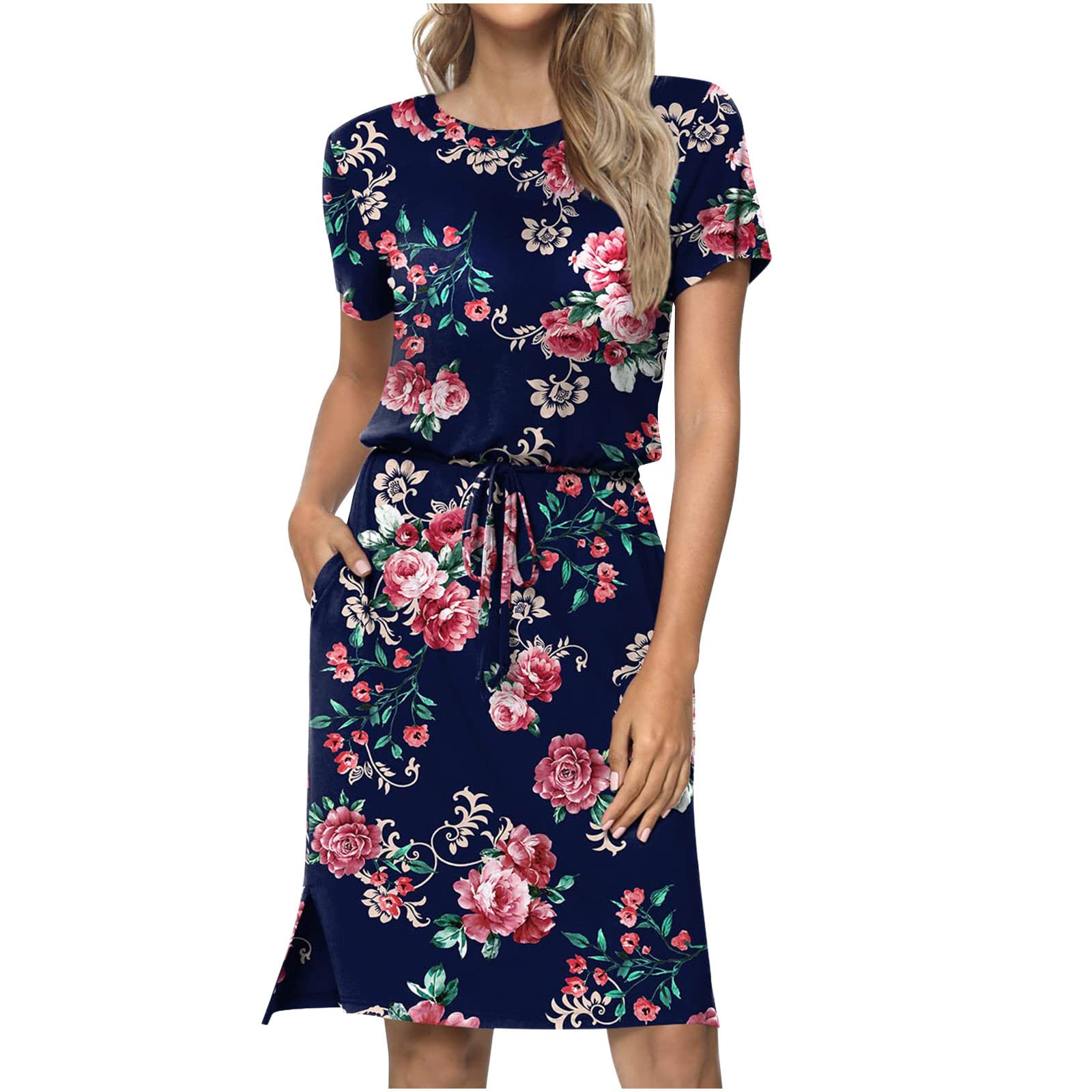 Floral Print Crewneck Midi Dress for Women - Short Sleeve Summer Dress with Elastic Waist & Drawstring | Office Wear, Business Casual, Beach Cover-Up, Vacation Outfit
