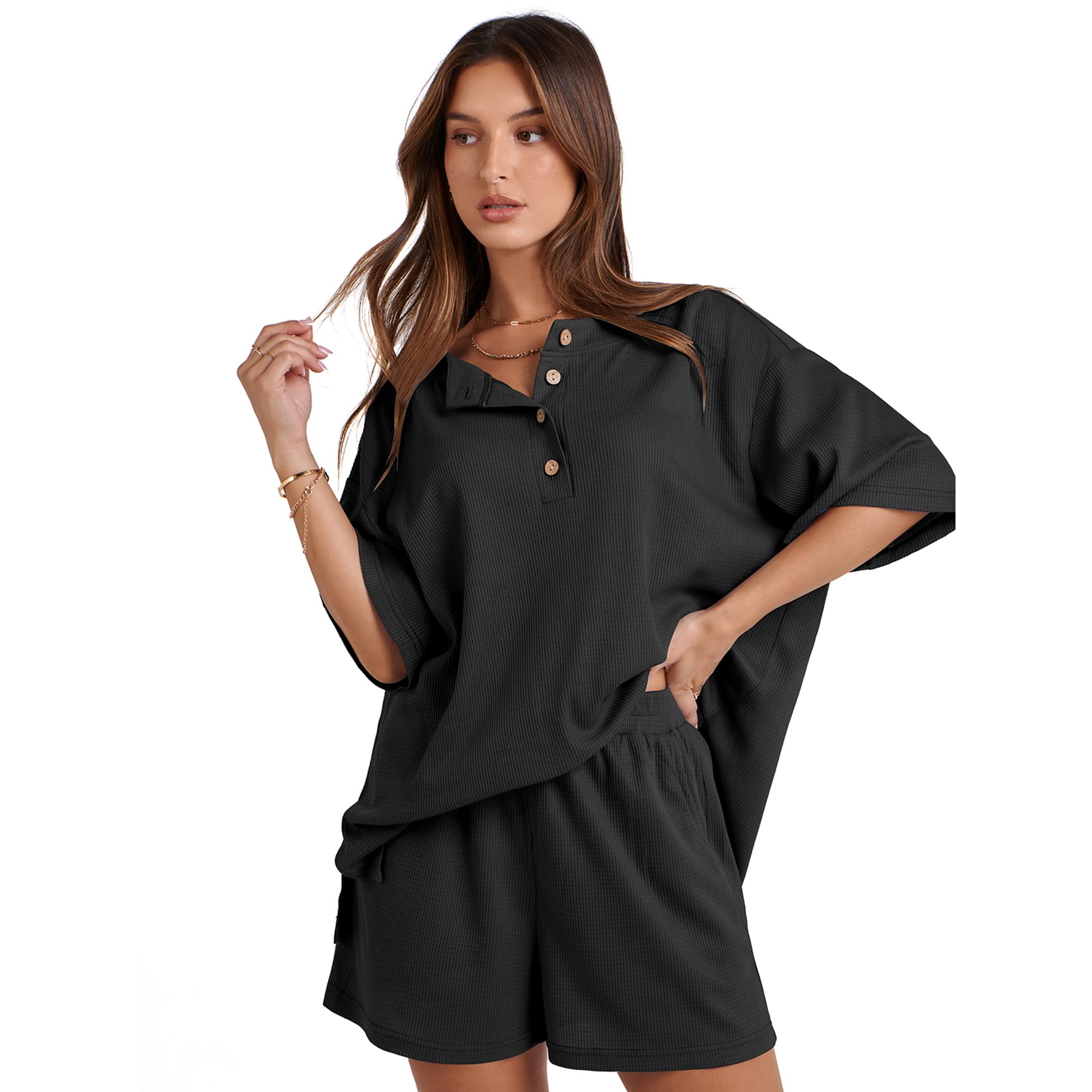 Waffle Knit Lounge Set for Women - 2 Piece Shorts & Top Outfit, Casual Matching Pajama Set | Perfect for Home Relaxation, Sleepwear & Cozy Weekends
