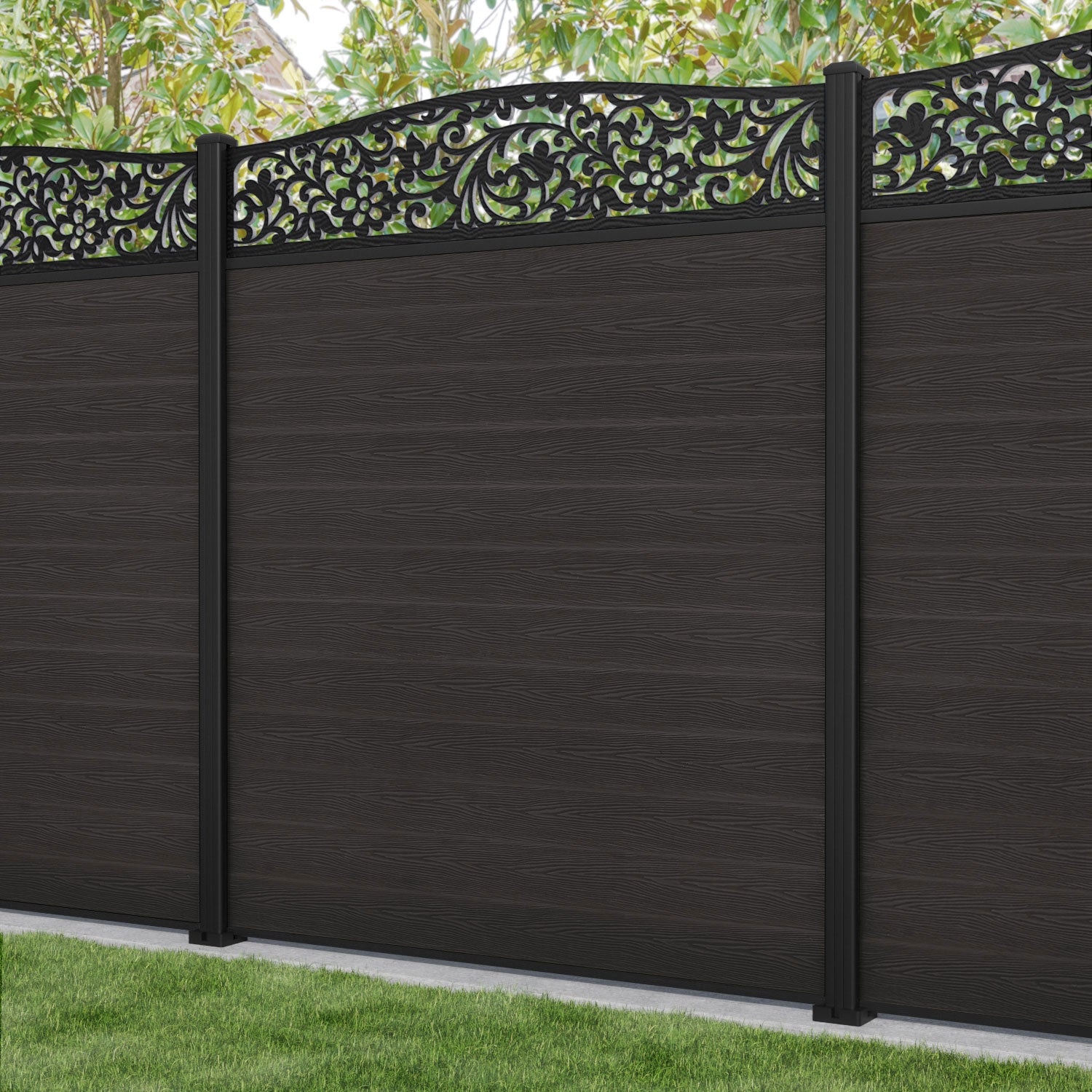 Classic Eden Curved Top Fence Panel - Dark Oak Wood Privacy Fence with Aluminum Posts | Outdoor Garden Fence, Backyard Decoration, Patio Enclosure for Home Security
