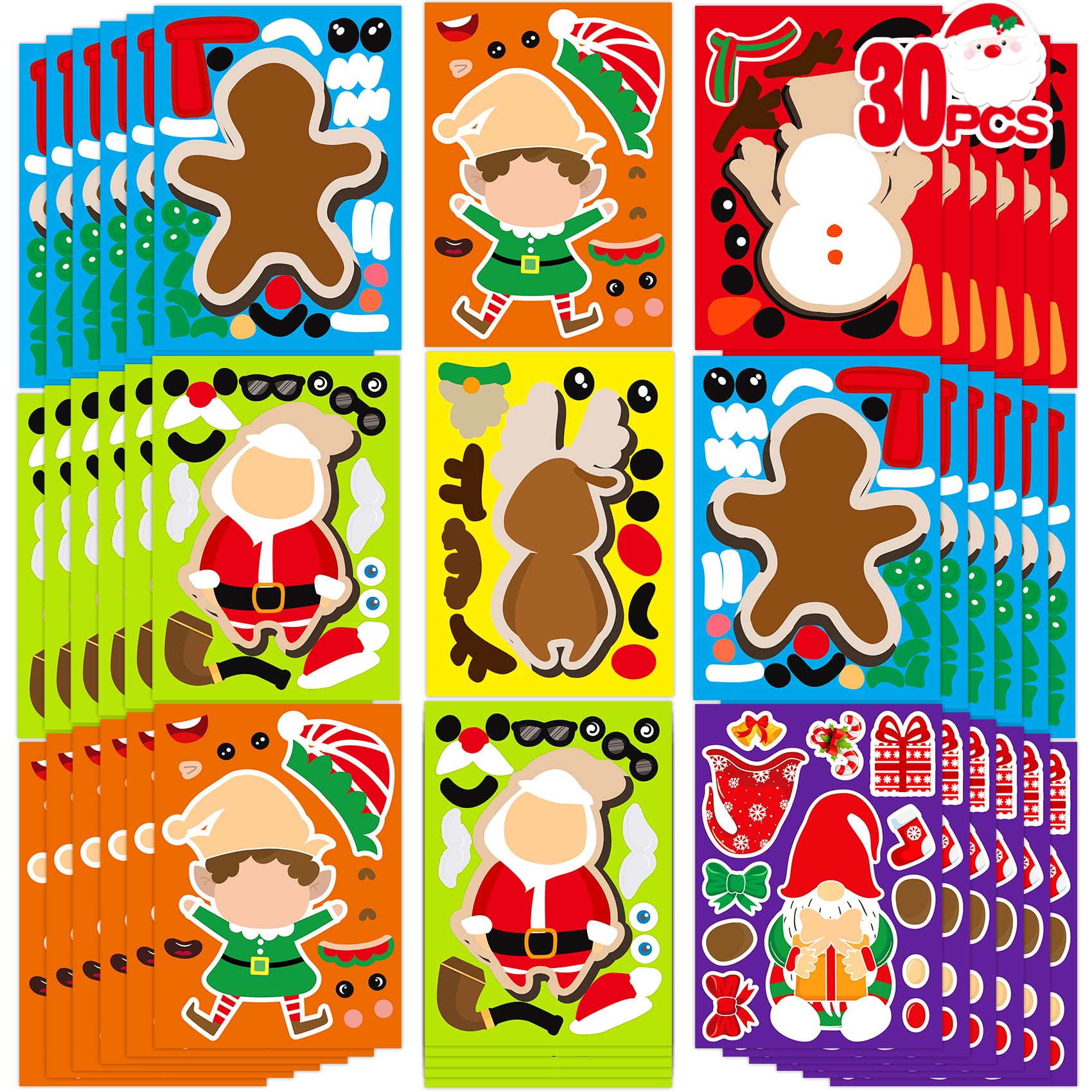 Funnlot 30 PCS Christmas Stickers for Kids - Snowman, Santa, Gingerbread & Reindeer Face Stickers - DIY Xmas Crafts & Holiday Party Games - Perfect for Classroom Activities & Family Christmas Decorations