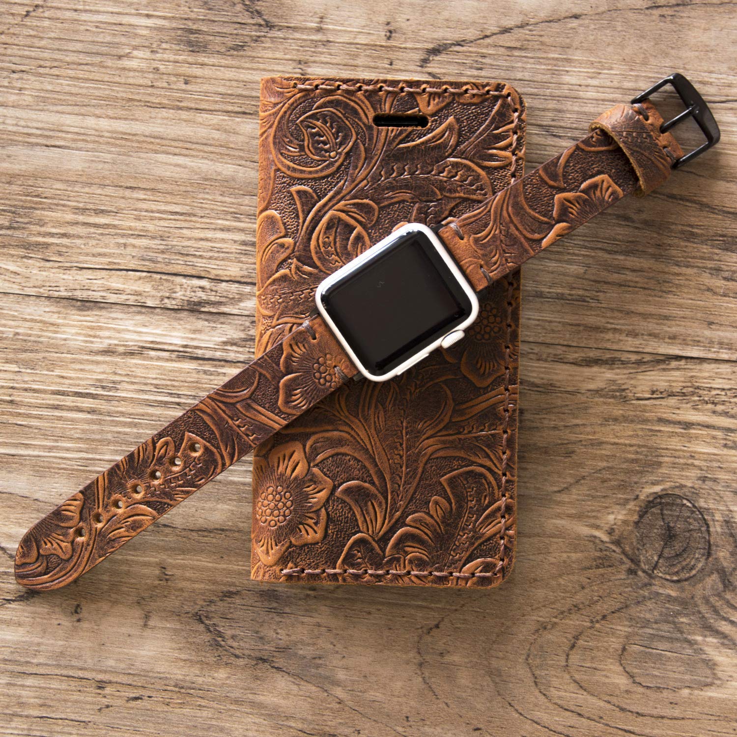 Personalized Western Floral Engraved Leather Watch Band - Compatible with Apple Watch 38mm/40mm/41mm/42mm/44mm/45mm - Custom Distressed Brown Leather Strap for iWatch Series 8/7/6/5/4/3/2/1 - Unique Women's Gift for Everyday Wear & Special Occasions