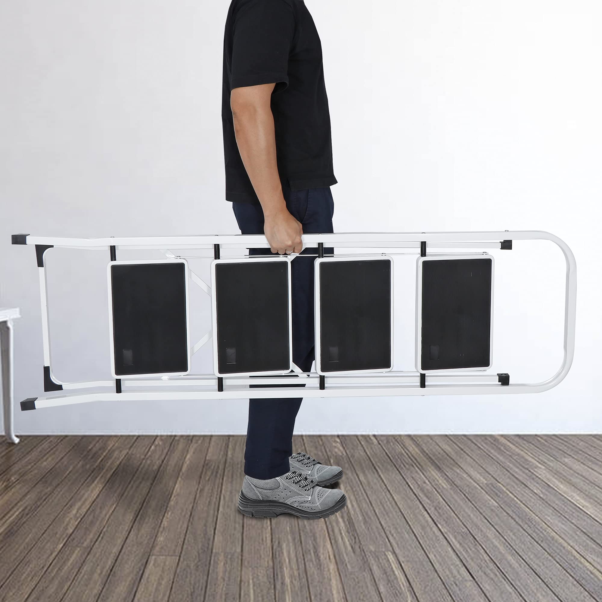Folding 4 Step Ladder with Wide Anti-Slip Pedals & Handgrip - Portable Lightweight Stool for Home, Kitchen, Office - Sturdy Storage Shelf Rack in White & Black - Perfect for Reaching High Shelves and Home Organization