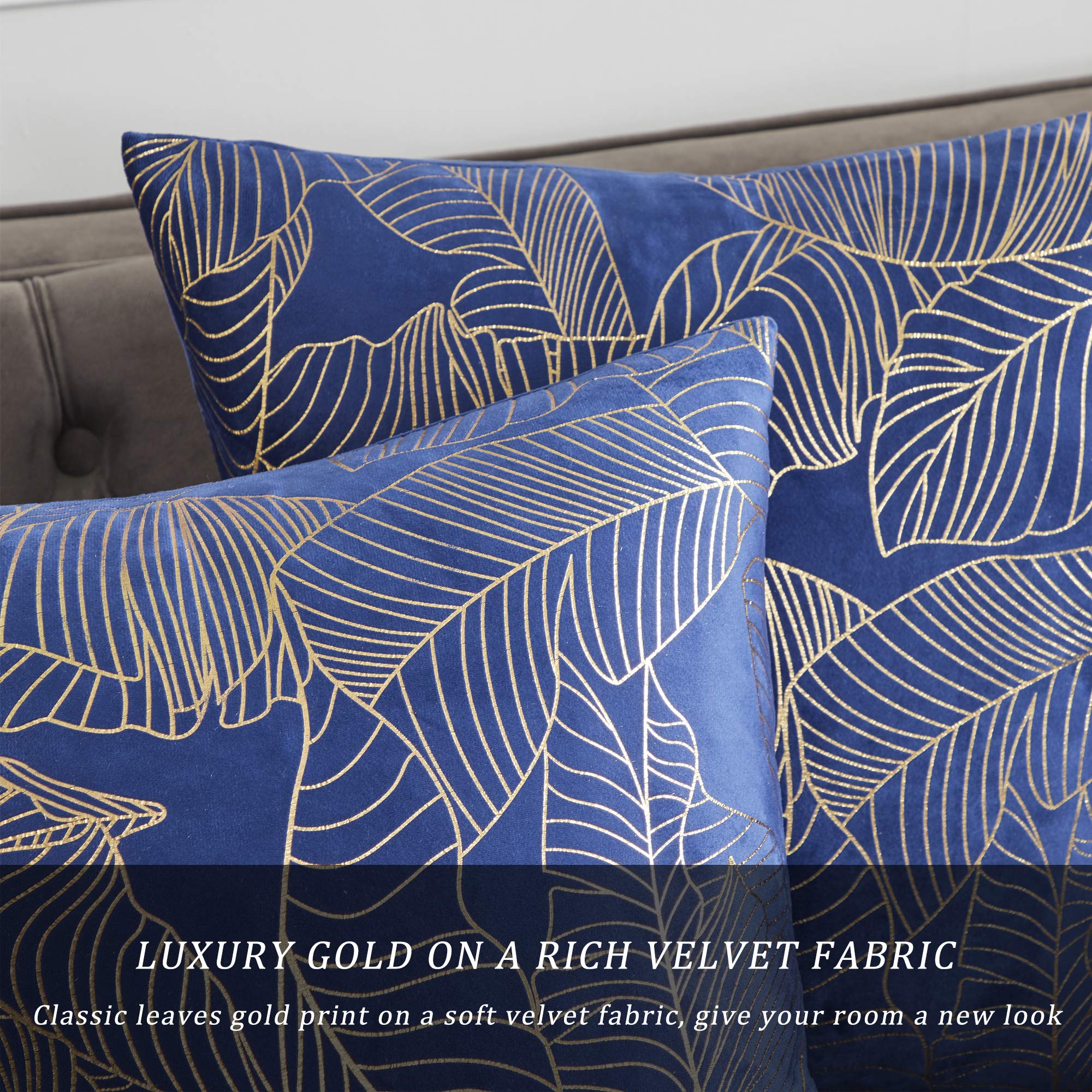 Premium Navy Velvet Throw Pillow Covers 20x20 Inches - Decorative Gold Leaf Design, Soft Couch Pillow Covers for Fall & Winter, Set of 2 - Perfect for Sofa, Bed, Living Room & Home Decor