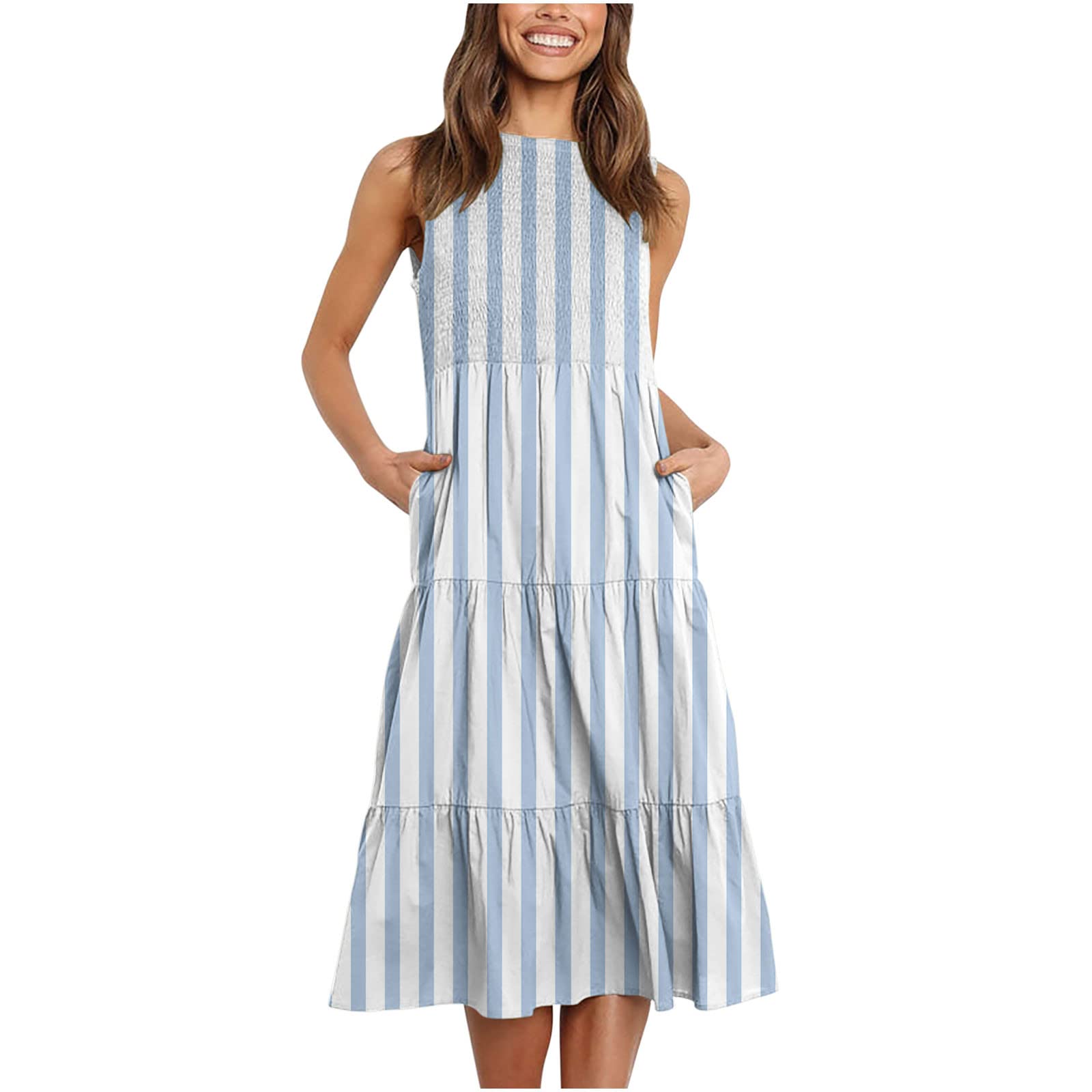 Women's Floral Print Maxi Dress - Sleeveless Boatneck Smocked Summer Dress for Beach Vacation, Casual Outings & Outdoor Events | Lightweight & Comfortable Tiered Dress for Travel, Parties & Daily Wear