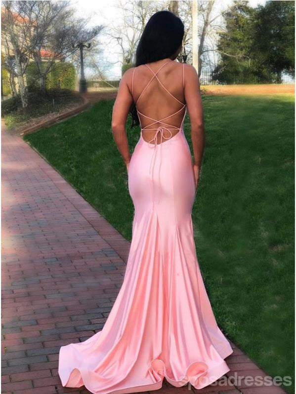 Elegant Pink Mermaid Prom Dress with Spaghetti Straps & V-Neck Backless Design - Perfect for Homecoming, Formal Dances & Special Occasions