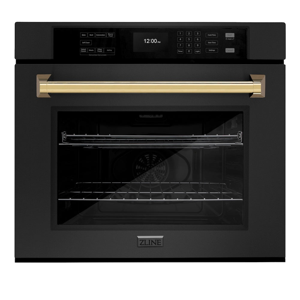ZLINE Autograph Edition 30 Inch Black Stainless Steel Wall Oven with Air Fry & Self Clean - Professional True Convection Oven with Polished Gold Handle - Perfect for Home Chefs & Modern Kitchens (WASBZ 30 G)