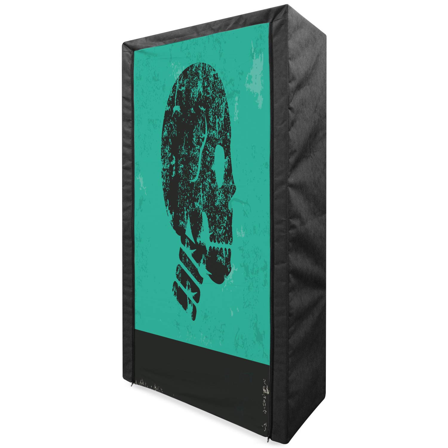 Ambesonne Portable Fabric Wardrobe with Skull Design - Human Skeleton Themed Abstract Art Print Clothing Organizer & Storage Closet with Shelves, 33.5 Inches, Jade Green and Black - Perfect for Bedroom, Dorm, or Apartment Closet Organization