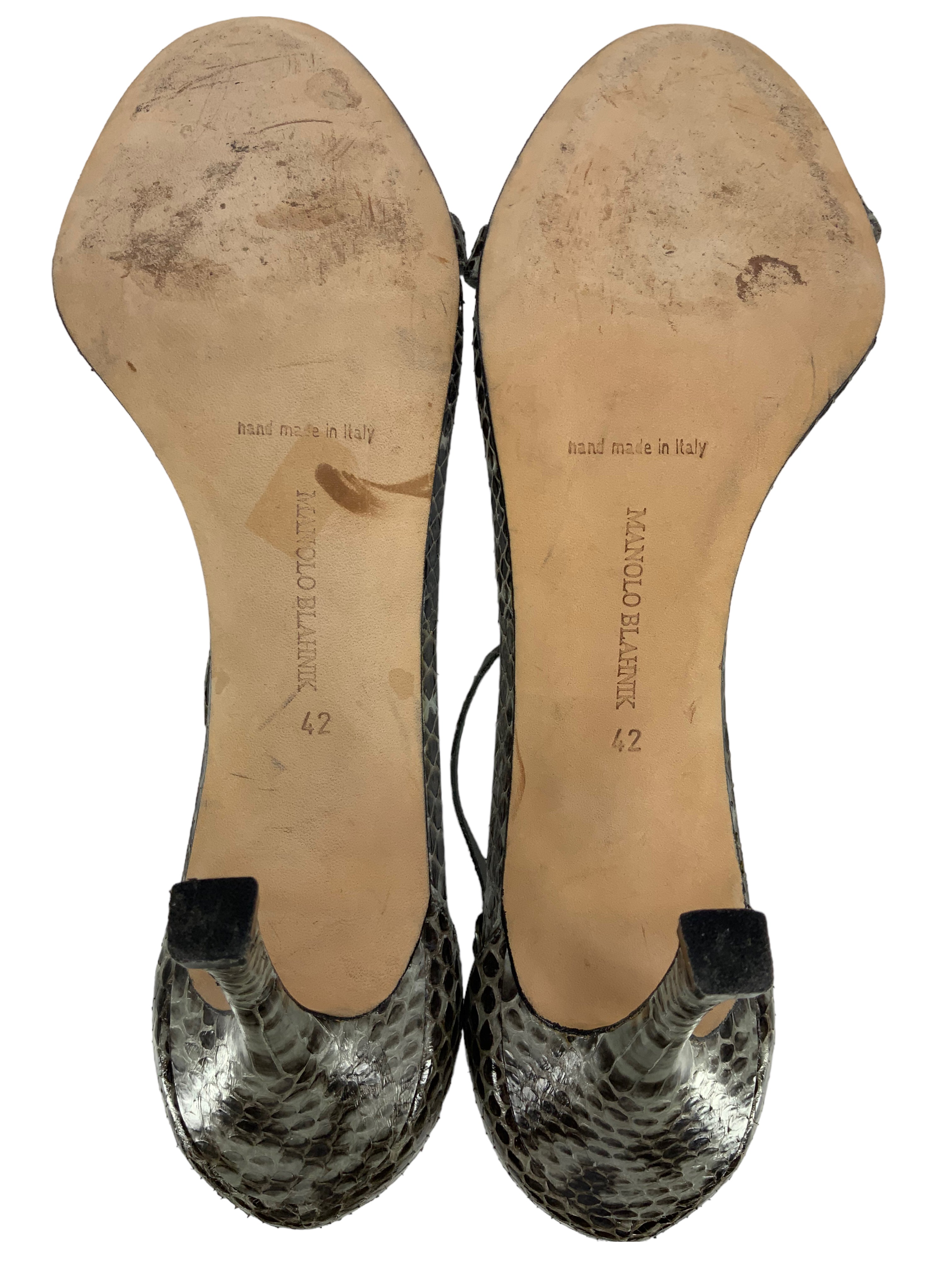 Manolo Blahnik Women's Size 12 Snakeskin T-Strap Heel Sandals - Luxury Designer Shoes for Evening Parties & Weddings