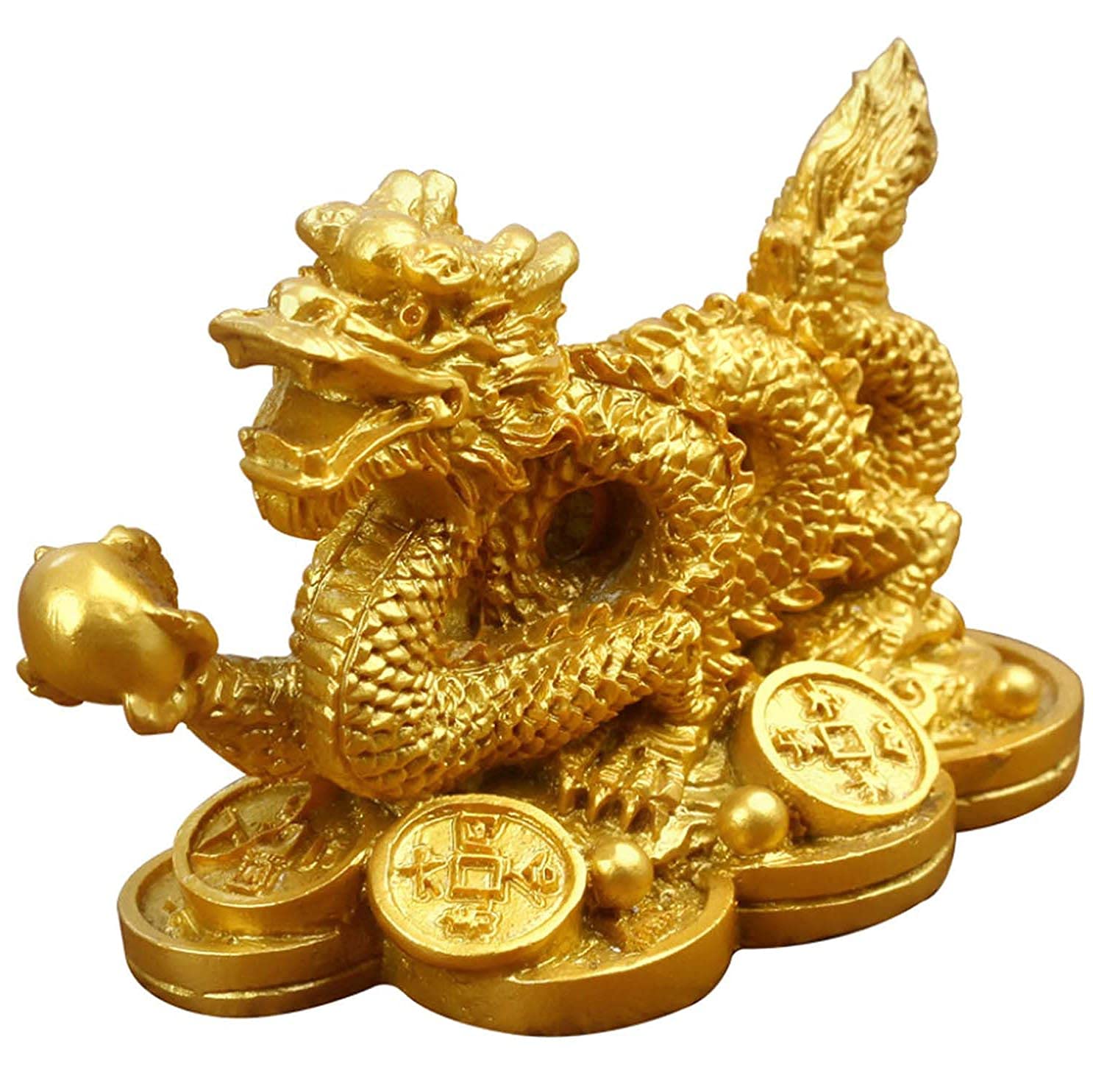 Golden Feng Shui Dragon Money Coins Statue - Wealth & Prosperity Figurine for Home Office Decor, Chinese New Year Gift, Feng Shui Money Attractor for Good Luck & Abundance