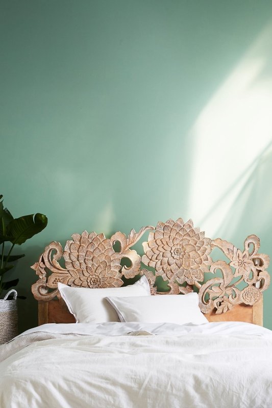 Hand Carved Solid Wood Lotus Platform Bed with Headboard - Handmade Indian Wooden Bed Frame for Master Bedroom & Guest Room Decor