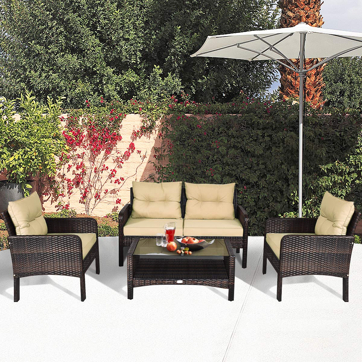 **HAPPYGRILL 4-Piece Outdoor Patio Furniture Set - Rattan Wicker Sofa with Cushions, Coffee Table with Tempered Glass Top & Storage Shelf - Perfect for Garden, Poolside, and Backyard Relaxation**