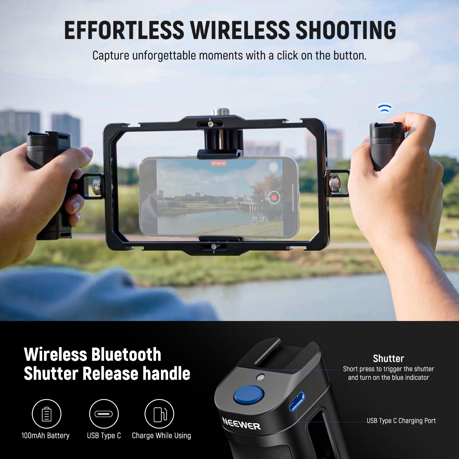 NEEWER Universal Smartphone Video Rig with Bluetooth Shutter & Comfort Grips - iPhone 16/15 Pro Max/Galaxy S24 Ultra Stabilizer for Vlogging, Live Streaming & Content Creation - PA009E